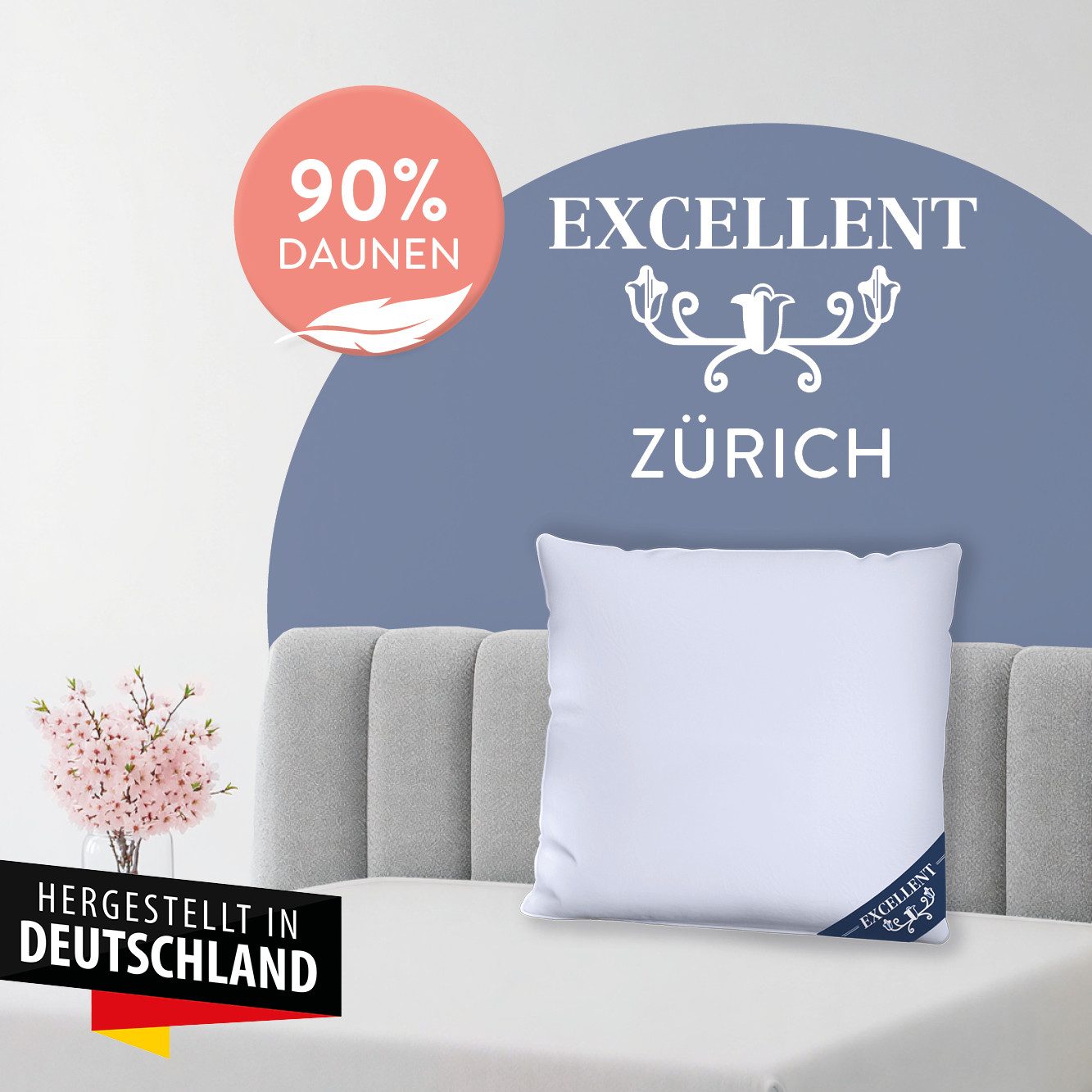 Excellent 3-Kammer-Kopfkissen Zürich, Kopfkissen in 40x80 und 80x80 und weitere Größen, Füllung: weiße neue Daunen und Federn, Klasse I, 90% Daunen / 10% Federn – Bild 2 von 5