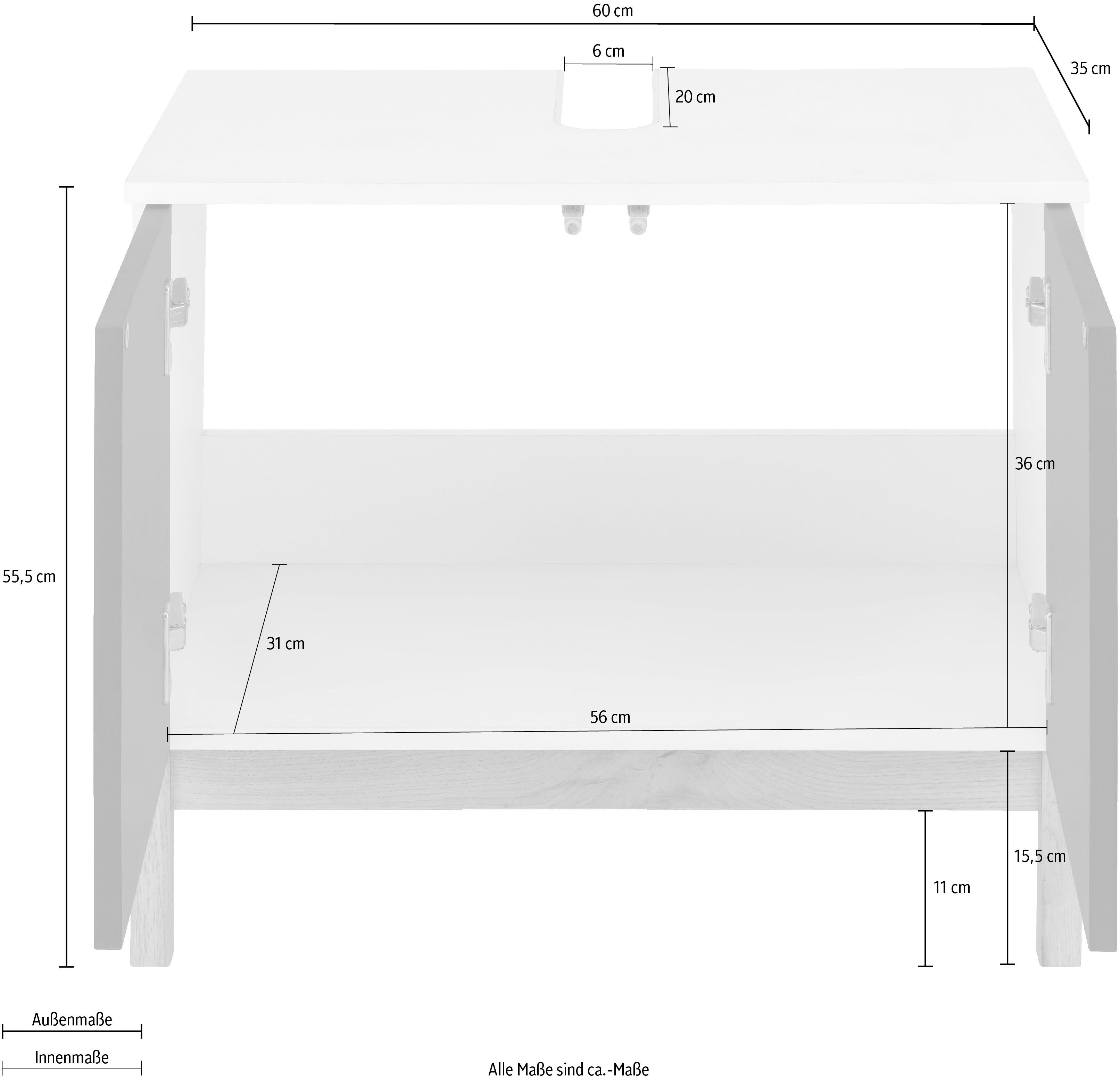 andas Waschbeckenunterschrank Stian mit 2 weiß/anthrazit/eiche 60 55,5 Türen cm cm, Höhe und Breite Siphonausschnitt