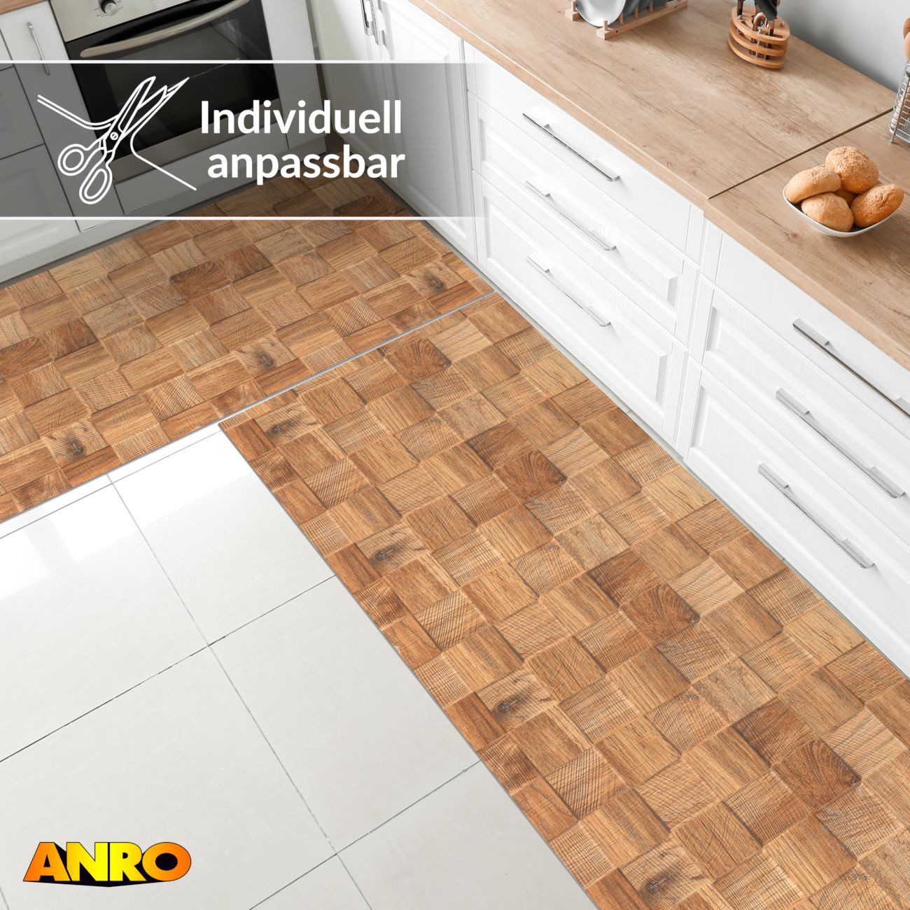 ANRO Küchenläufer abwaschbar Holz LADY Läufer stark pflegeleicht Küchenteppich, Rechteckig, Höhe: 3 mm, robust schmutzabweisend 67x100cm Patchwork Braun robust – Bild 4 von 5