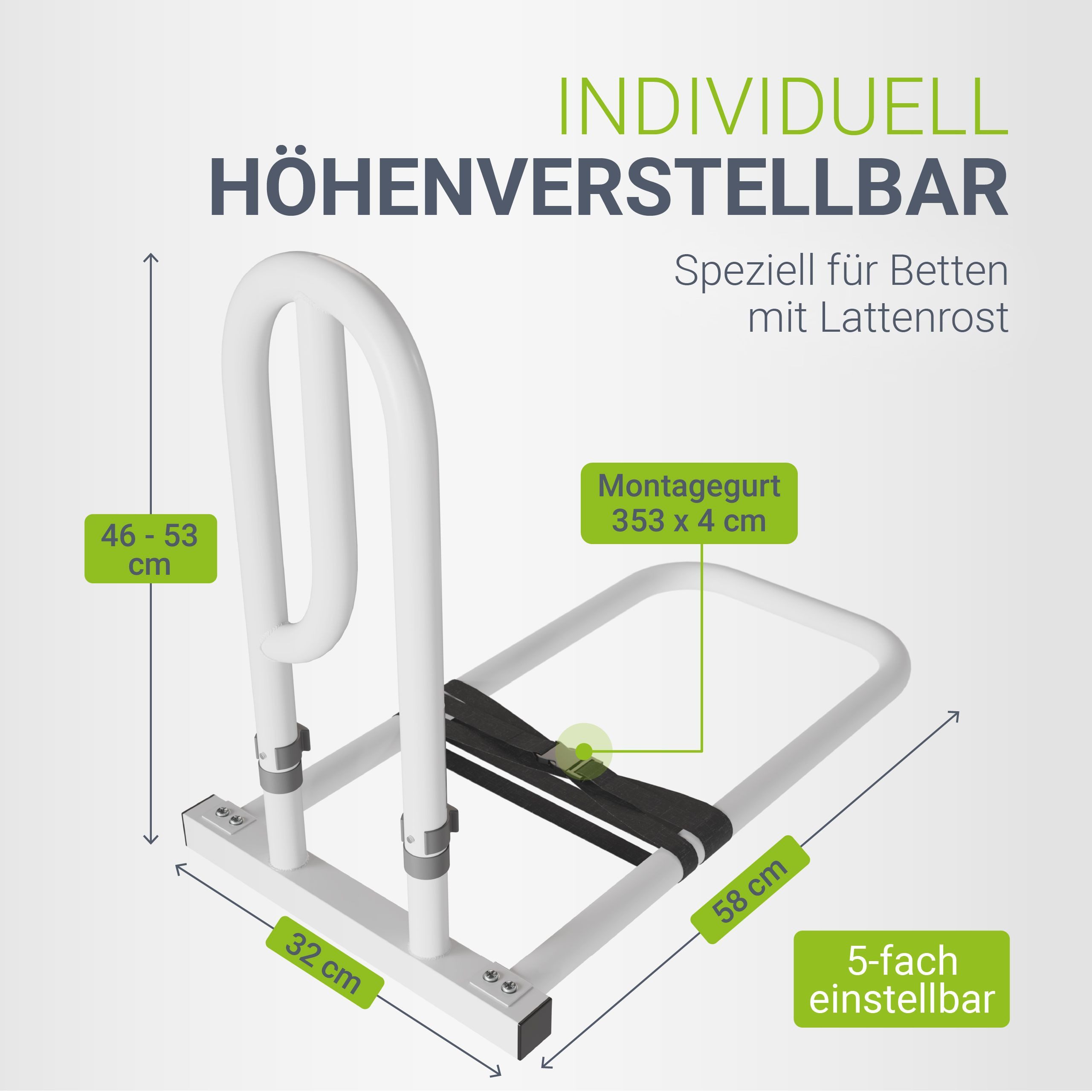 Juskys Bett - Aufstehhilfe, Hilfsmittel fürs Bett, stabiler Stahl, höhenverstellbar, inkl. 2 Gurte