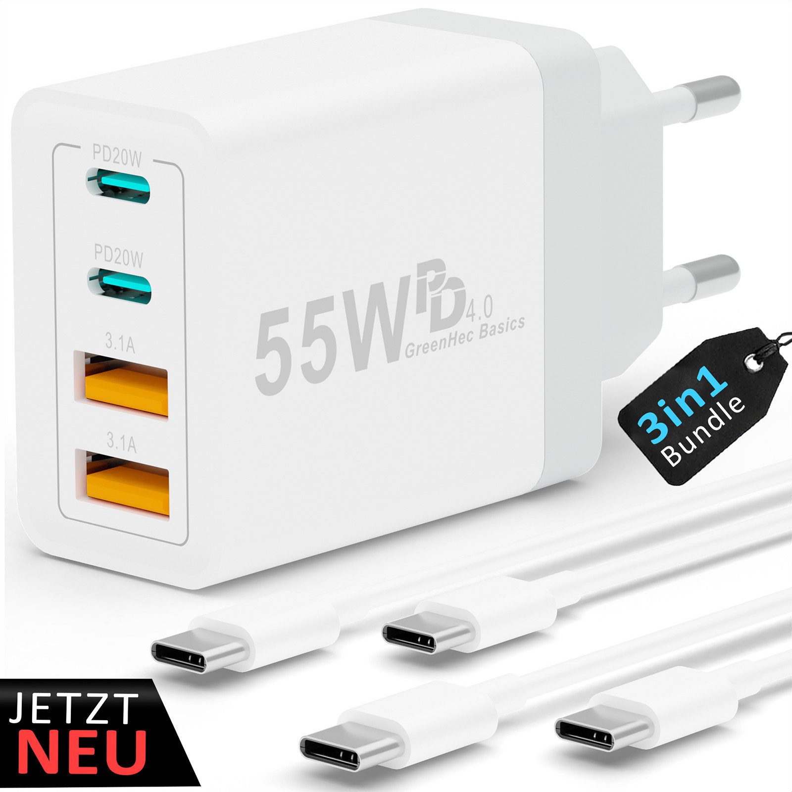 GreenHec Schnellladegerät USB-C iPhone mehrfach Handy Stecker Adapter mit Kabel USB-Ladegerät (0,00 mA, Spar-Set, 55w Quarto Charger + 1m USB-C Kabel, iPhone 17 16 15 14 13 12 iPad Pro Max Air Netzteil + 1m Ladekabel Fast)