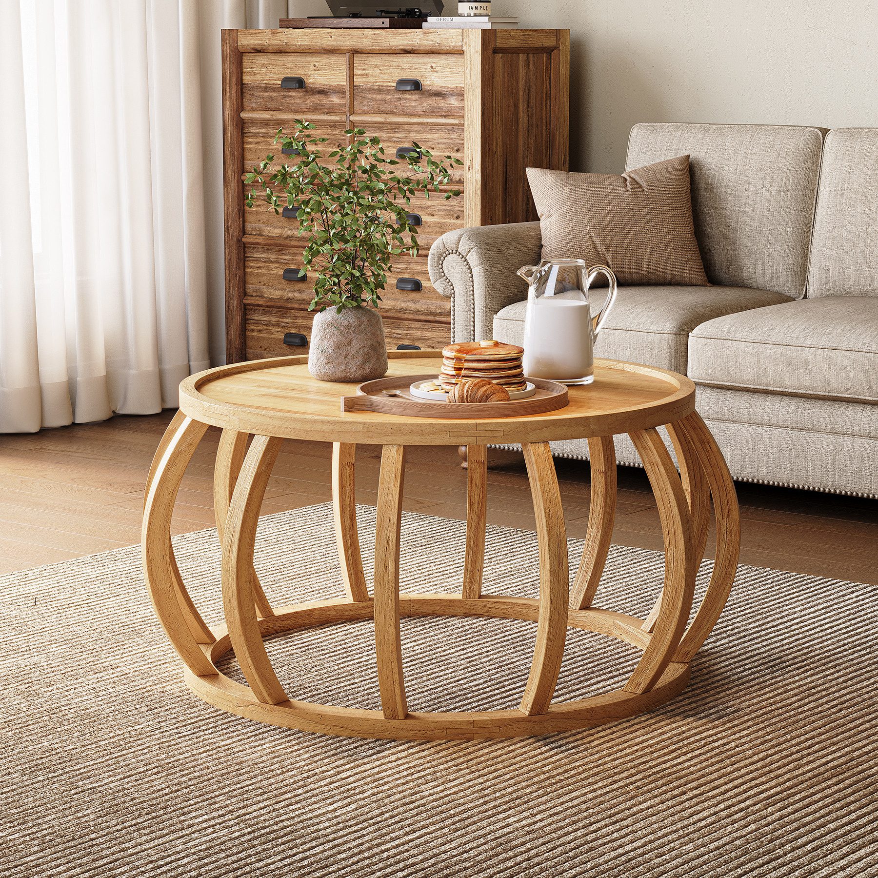 Tribesigns Couchtisch aus Massivholz, 80 cm Rund Wohnzimmertisch mit Gebogenem Rahmensockel