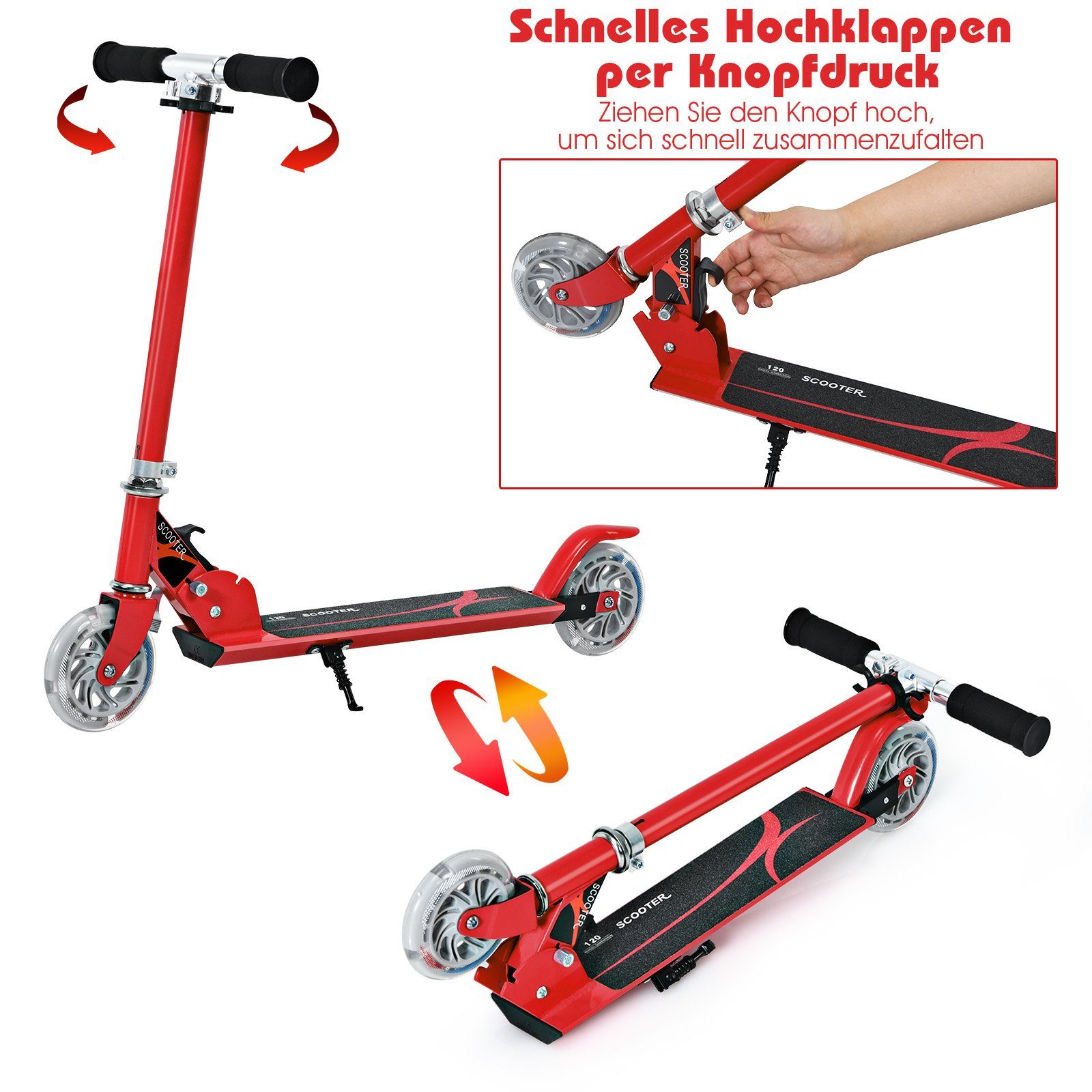 COSTWAY Scooter Cityroller, höhenverstellbar, klappbar, mit rot Räder LED 2