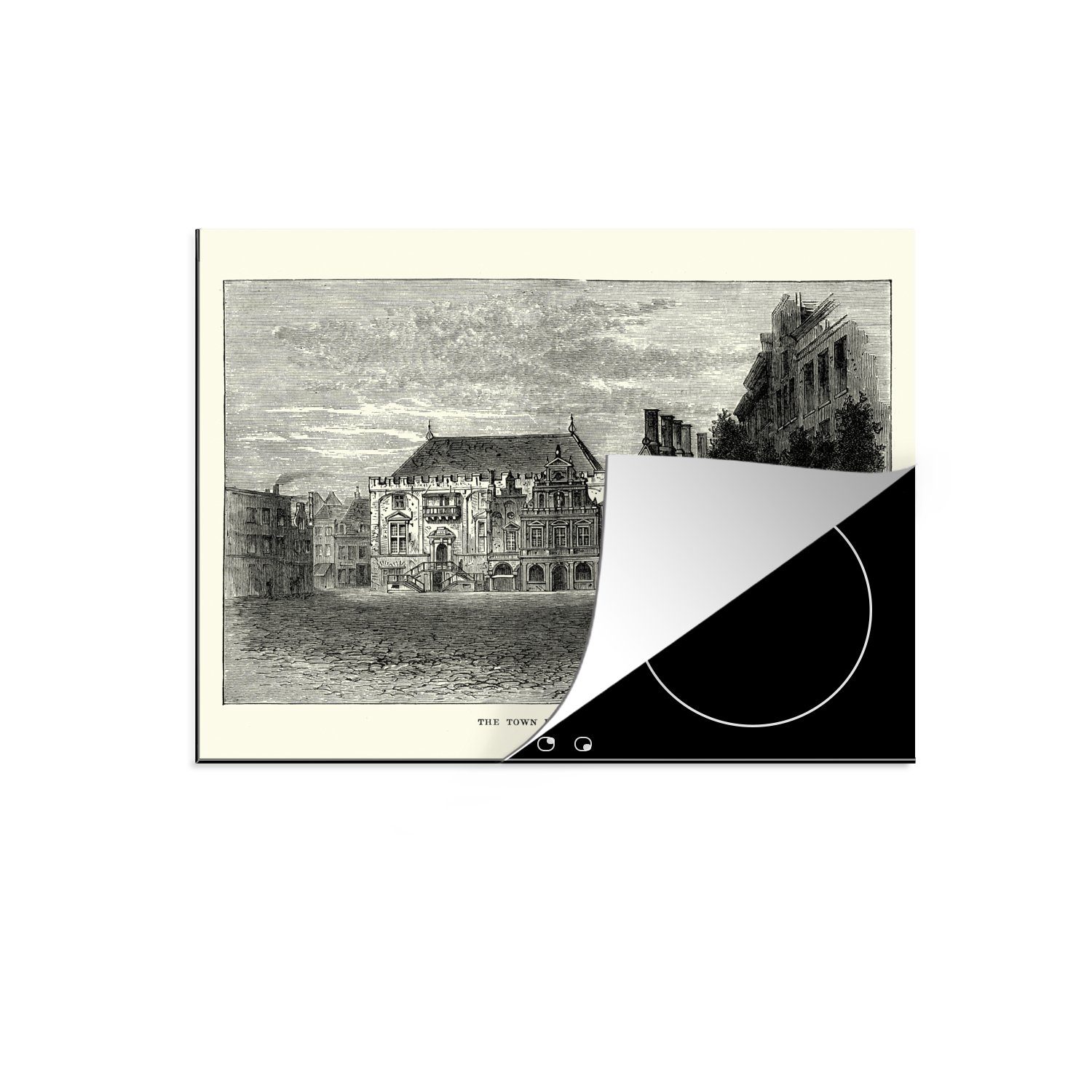 MuchoWow Herdblende-/Abdeckplatte Schwarz-Weiß-Abbildung des Haarlemer Rathauses, Vinyl, (1 tlg), 60x52 cm, Mobile Arbeitsfläche nutzbar, Ceranfeldabdeckung