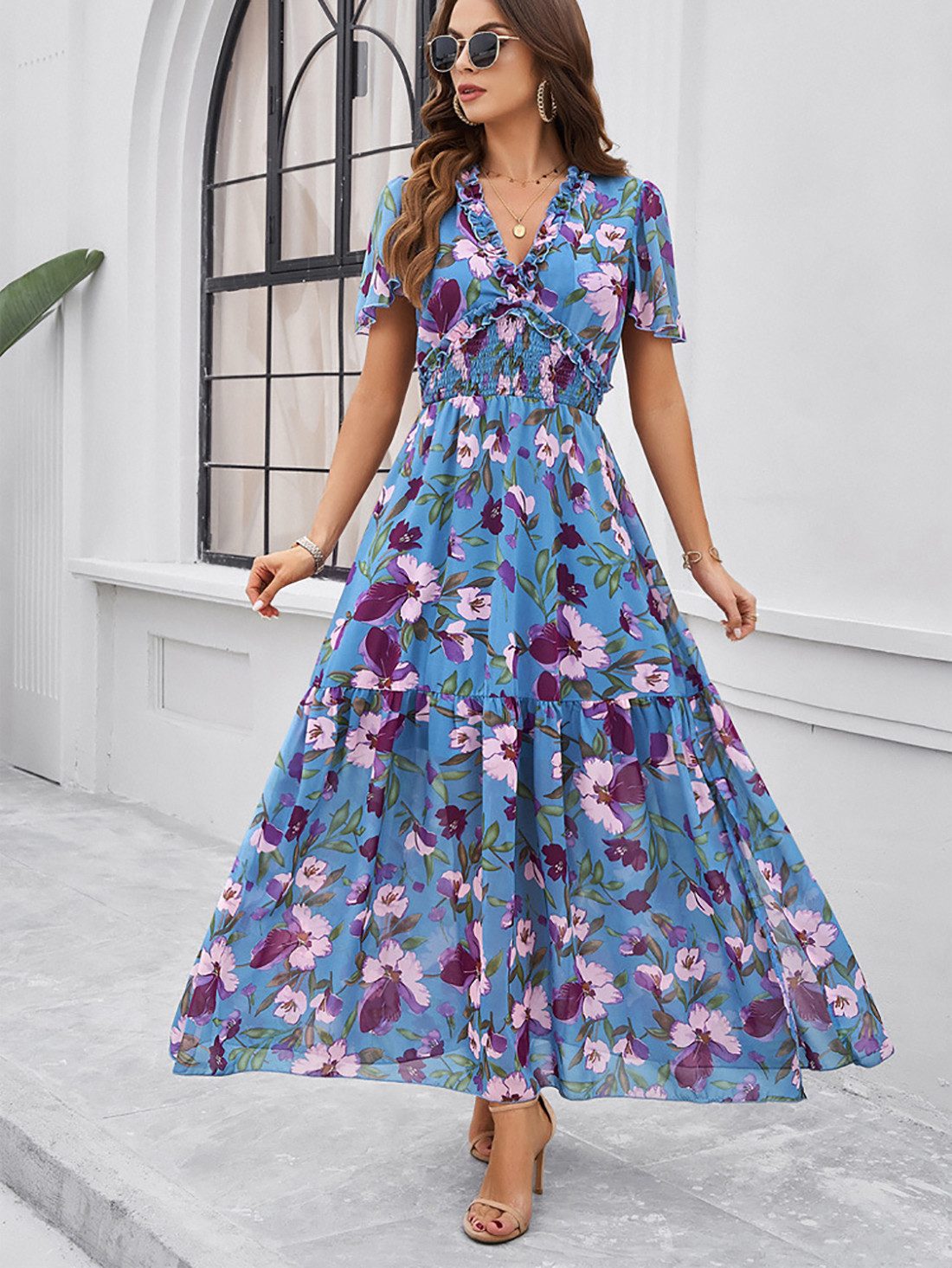 DEBAIJIA Dirndl Sommerkleid Damen Blumenmuster Kleid Lässiger Elegant
