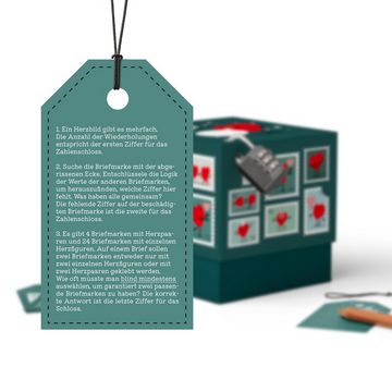 SURPRISA Geschenkbox Rätselbox persönliche Geschenkverpackung + Rätselspiel, für Geschenke zum Valentinstag, Jahrestag, Briefmarkenrätsel - petrol