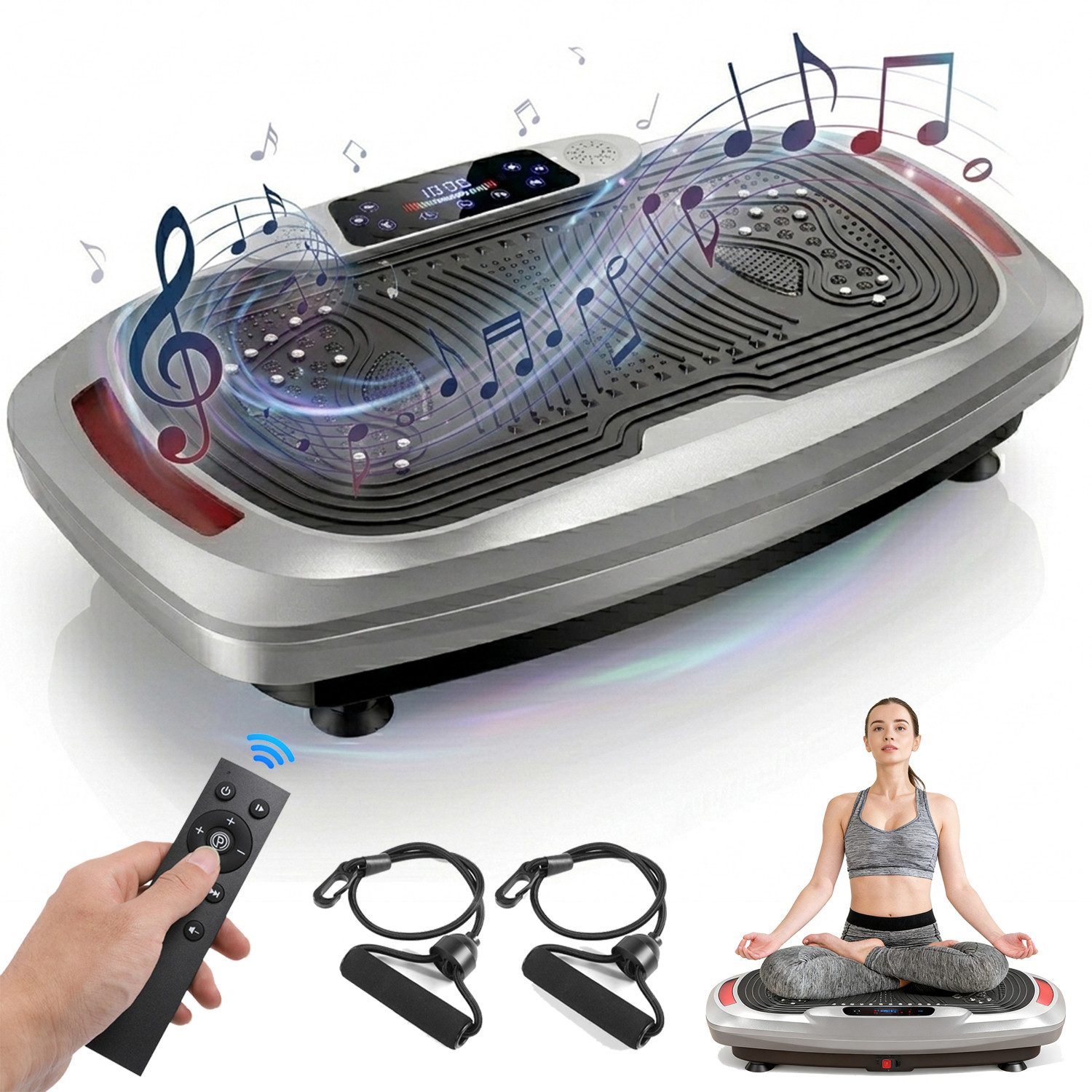 oyajia Vibrationsplatte 4D Vibrationsplatte, Leistungsstark mit 3 Leisen Motoren, Bluetooth, 300 W, 120 Intensitätsstufen, (Einfache Bedienung, Magnetfeld-Massage & Ultra Komfort, 5 Programme), Vibration + Oszillation in einem Gerät für effektives Heimtraining