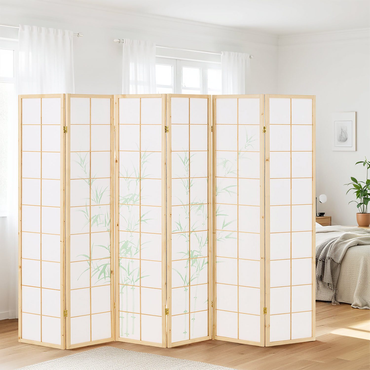 Homestyle4u Paravent Holz Raumteiler Bambus Shoji in Natur Sichtschutz Indoor Muster Motiv, Trennwand, 6-teilig, faltbar