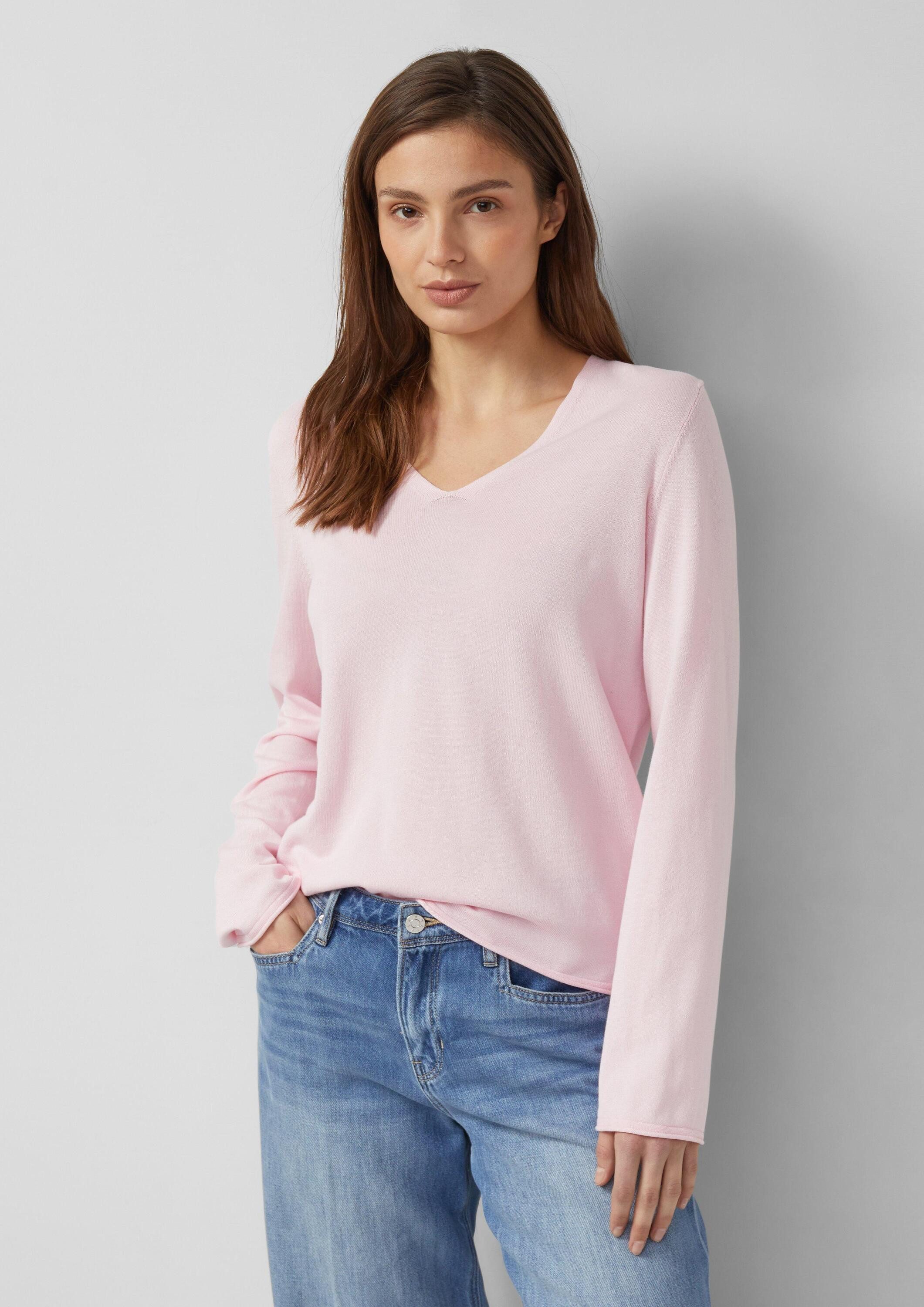 s.Oliver Longpullover Strickpullover Feinstrickpullover mit V-Ausschnitt und Rollkante am Saum