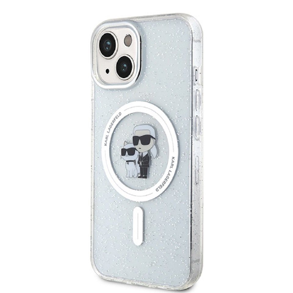 KARL LAGERFELD Handyhülle Case iPhone 15 MagSafe Katze Glitter transparent 6,1 Zoll, Kantenschutz