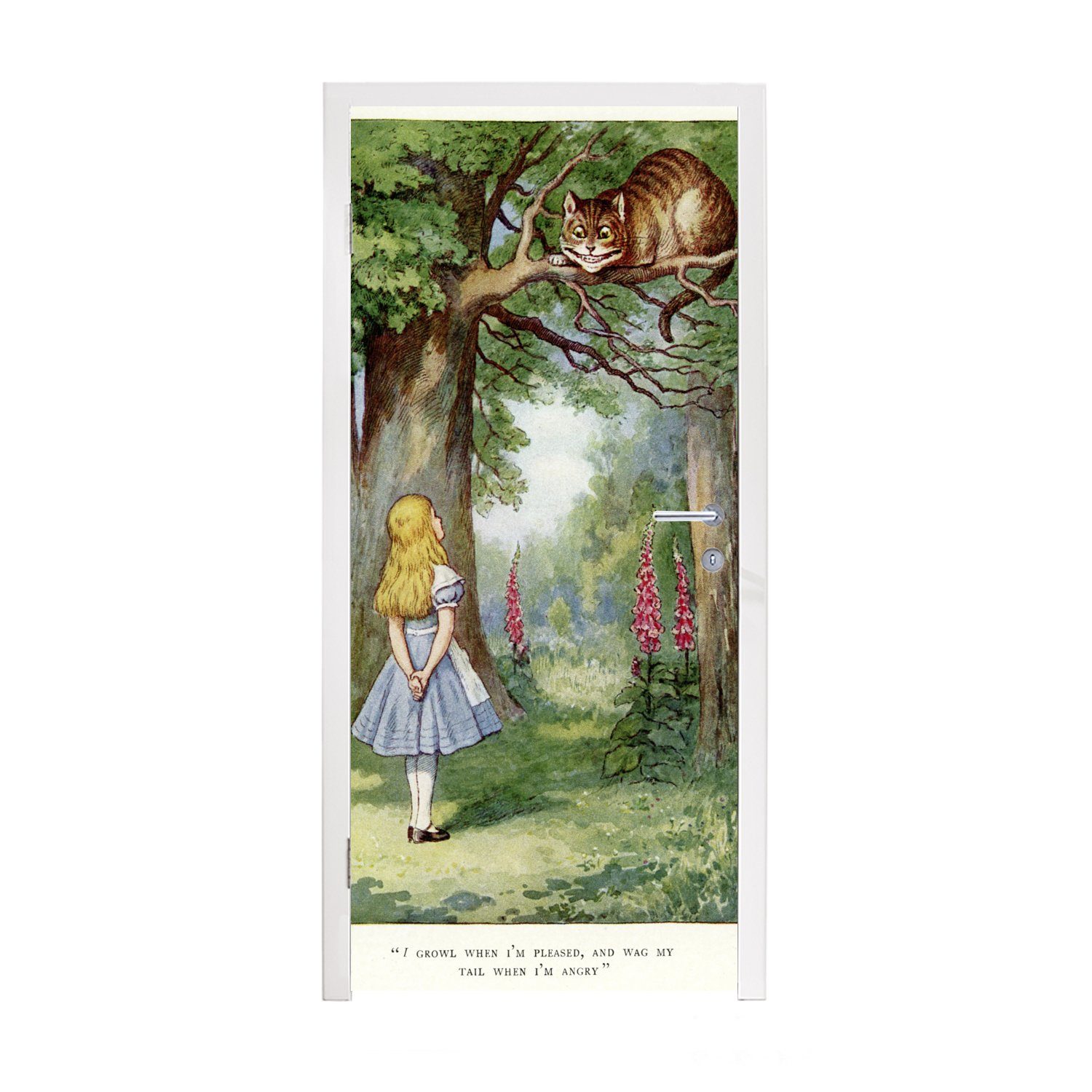 Fototapete Vintage-Illustration Türtapete Alice 75x205 (1 Türaufkleber, und bedruckt, Matt, St), für Tür, die cm Kohlekatze, MuchoWow