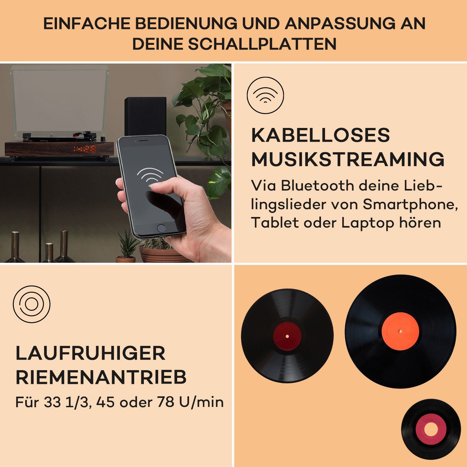 Plattenspieler TT-Classic Vinyl Chrono (Riemenantrieb, Plattenspieler) mit Schallplattenspieler Bluetooth, Lautsprecher Auna