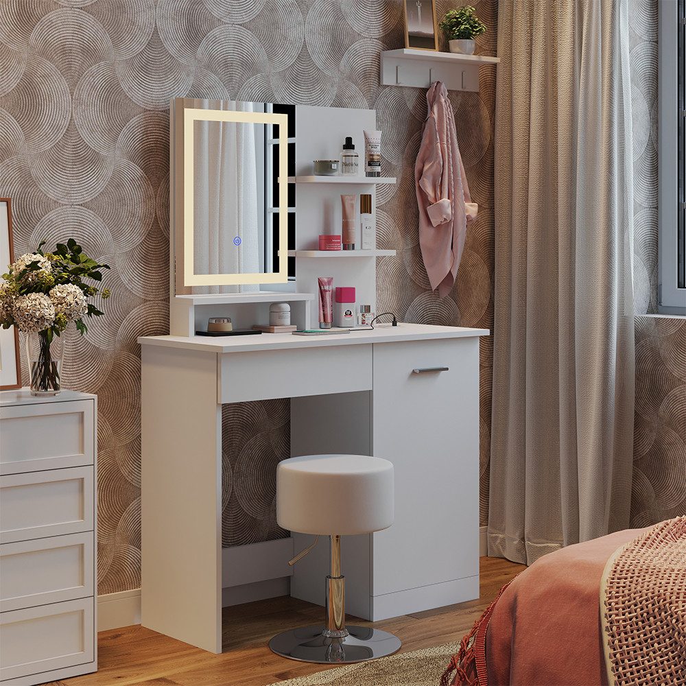 Vicco Schminktisch Julia, Weiß, 90 cm mit LED-Spiegel, QI-Ladegerät und Hoc günstig online kaufen