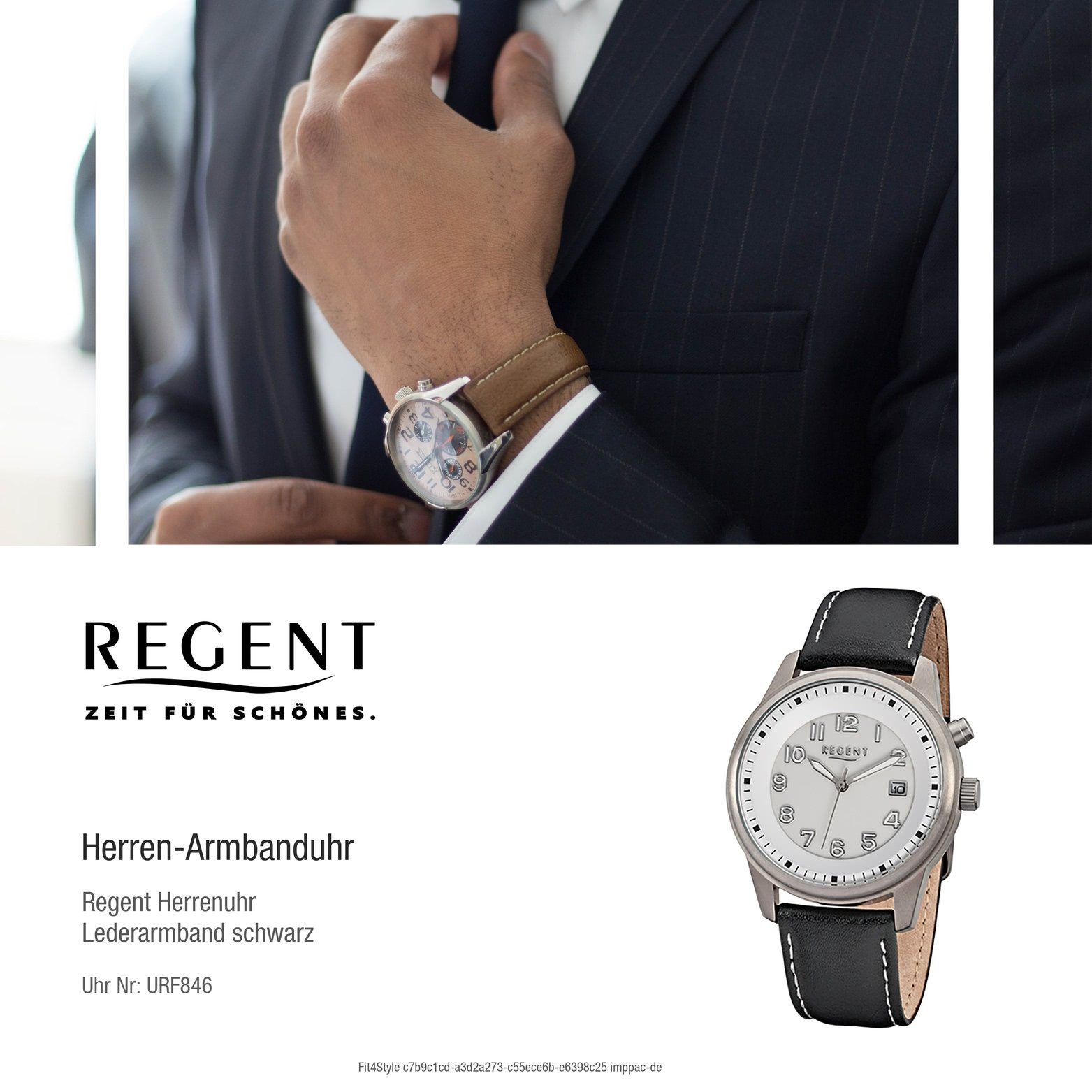 41mm), Regent Herren Regent Elegant-S mit Gehäuse, groß Leder (ca. Herrenuhr Lederarmband, Uhr Quarzuhr rundes F-846 Quarzuhr,