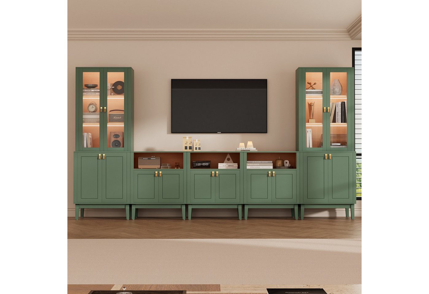 VOWNER TV-Board Set mit Glastüren, LED Fernsehschrank multifunktional (5 St), 5PSC Version: 180cm für TV bis 75 Zoll, Maße 300 x 180 x 40 cm