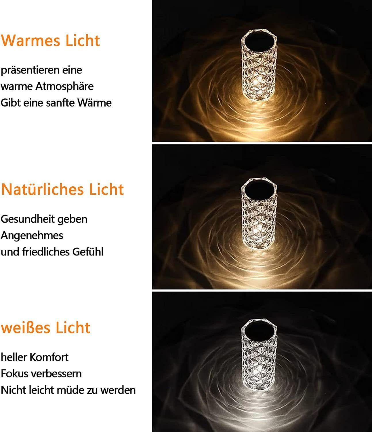 Mutoy LED Acrylglas Tischlampe Kristall LED Kristall Fernbedienung, aus mit Tischleuchte Tischlampe Aufladbare