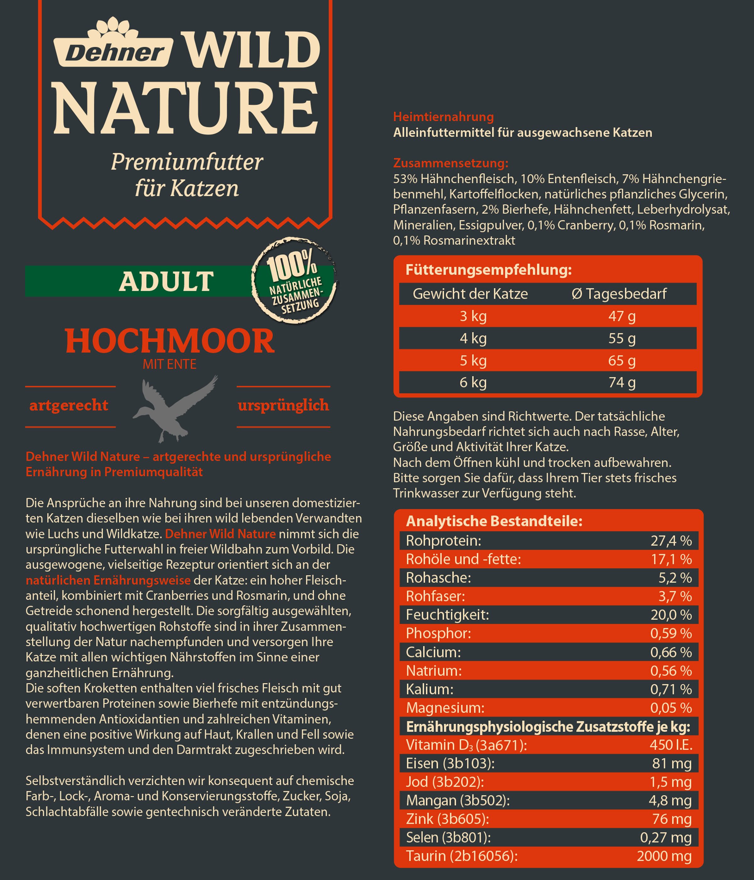 Dehner Wild Nature Hochmoor Adult Ente, 1.5 kg Ente, Trockenfutter für: Katze, Trockenfutter für ausgewachsene Katzen