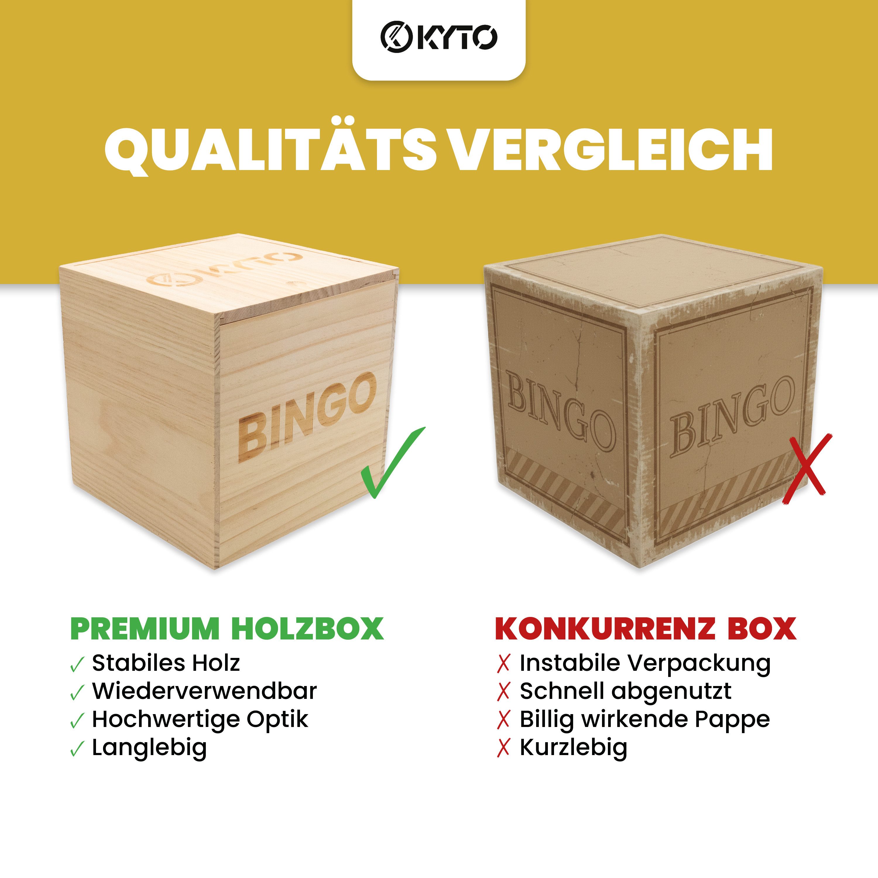 Kyto Spiel Bingo Deluxe Holzbox,150 Chips, 75 Kugeln,Spielbrett, 518 Bingokarten