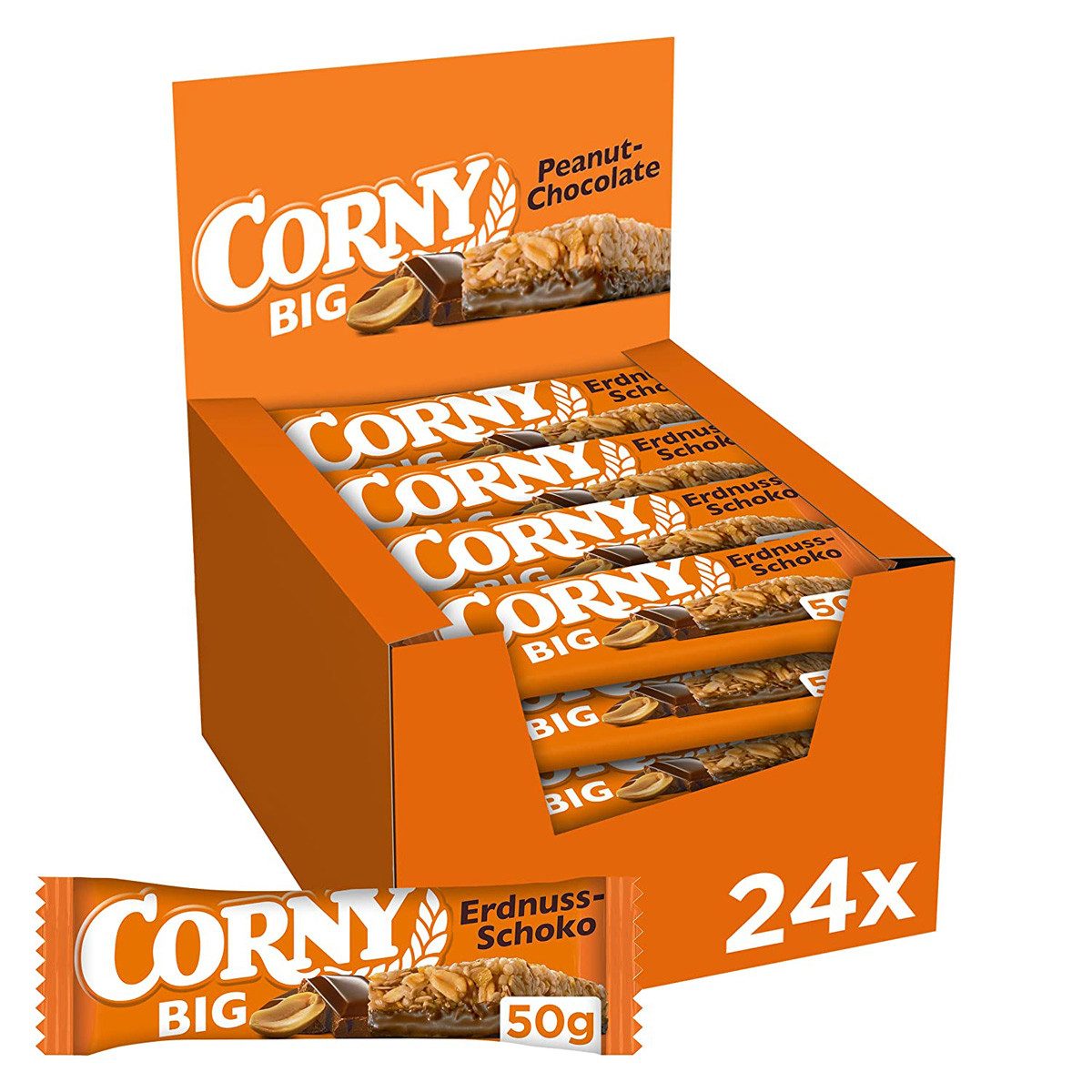 CORNY Cerealien, Corny Big Peanut Müsliriegel Schokolade mit Erdnüssen 50g 24er Pack
