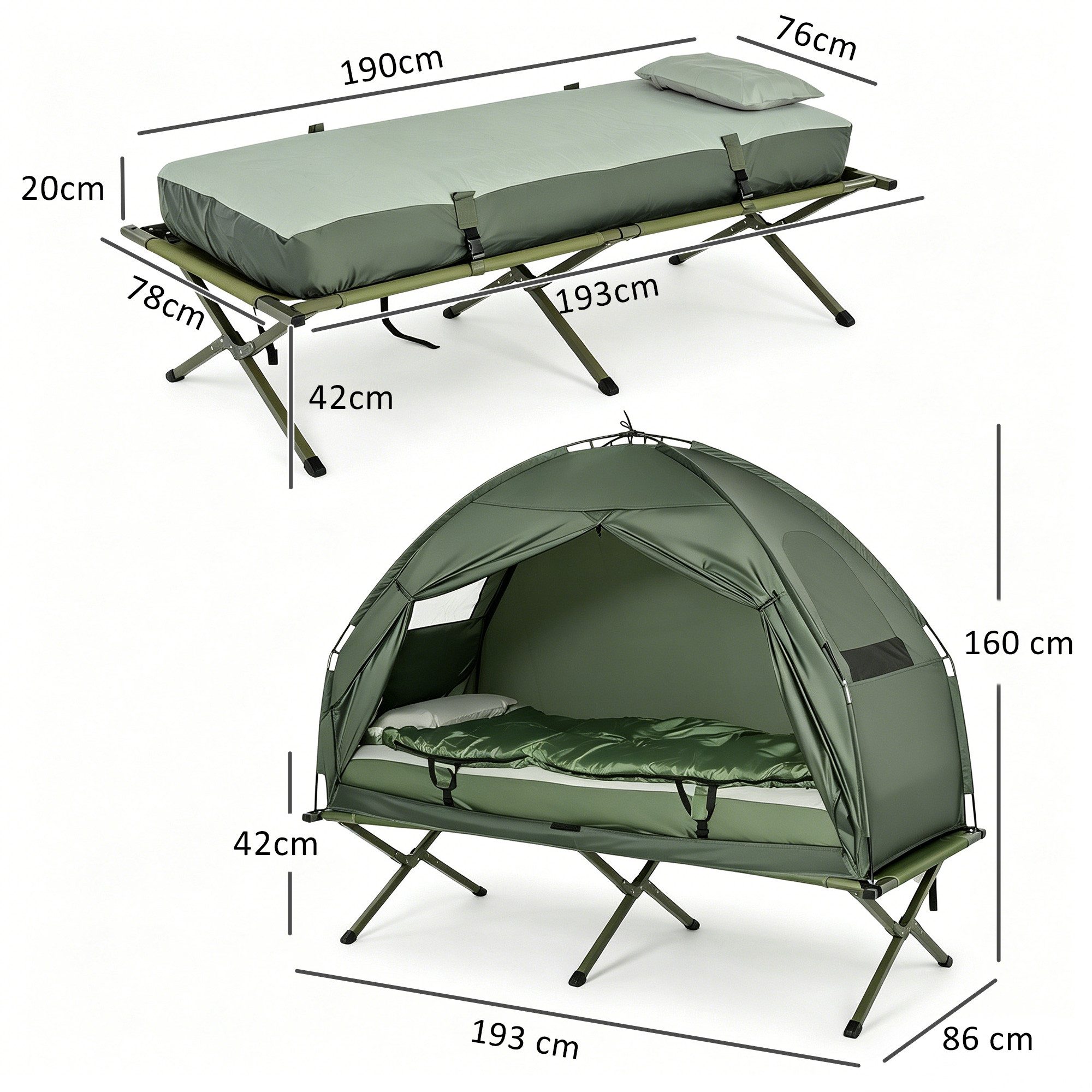 Outsunny Faltzelt Wurfzelt mit Luftpumpe, Extra Breit, Outdoor Campingliege, Personen: 1 (Feldbett, 1 tlg., Campingbett), für Garten, Balkon, Dunkelgrün