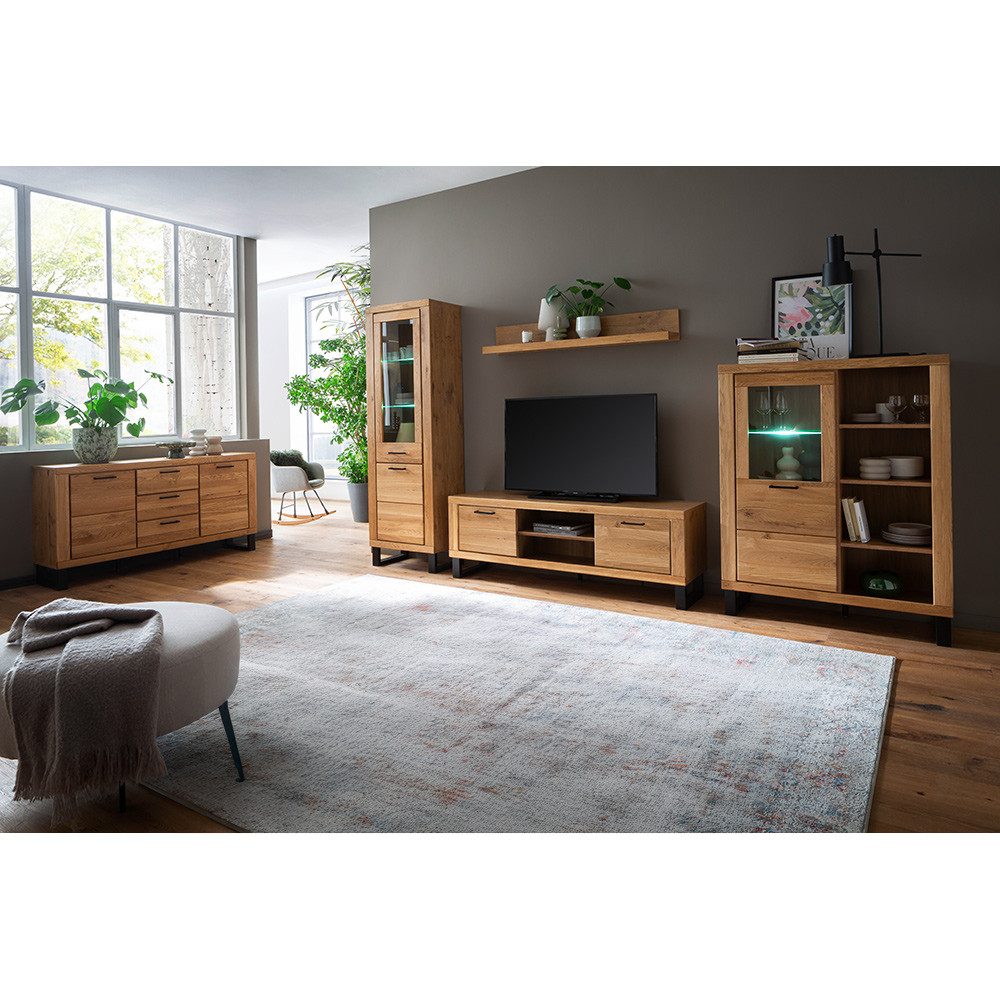 Lomadox Wohnzimmer-Set KUMASI-06, (Mega-Spar-Set, 5-St., Highboard Lowboard Sideboard Vitrine Wandregal), in Eiche teilmassiv, inkl. LED-Beleuchtung, Metallgriffe & -füße