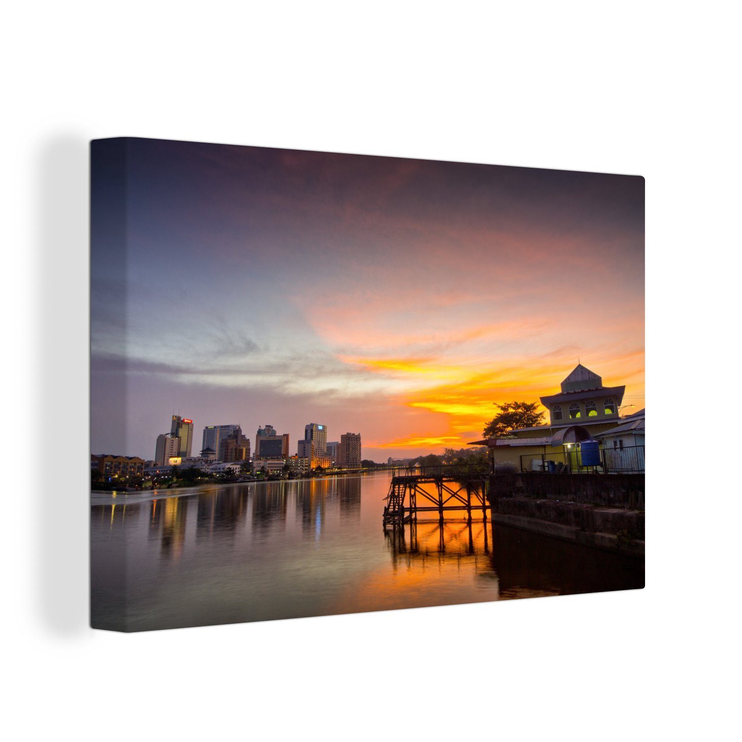 OneMillionCanvasses® Leinwandbild Sonnenuntergang über Kampung Surabaya und dem Fluss der Stadt in, (1 St), Wandbild Leinwandbilder, Aufhängefertig, Wanddeko, 30x20 cm
