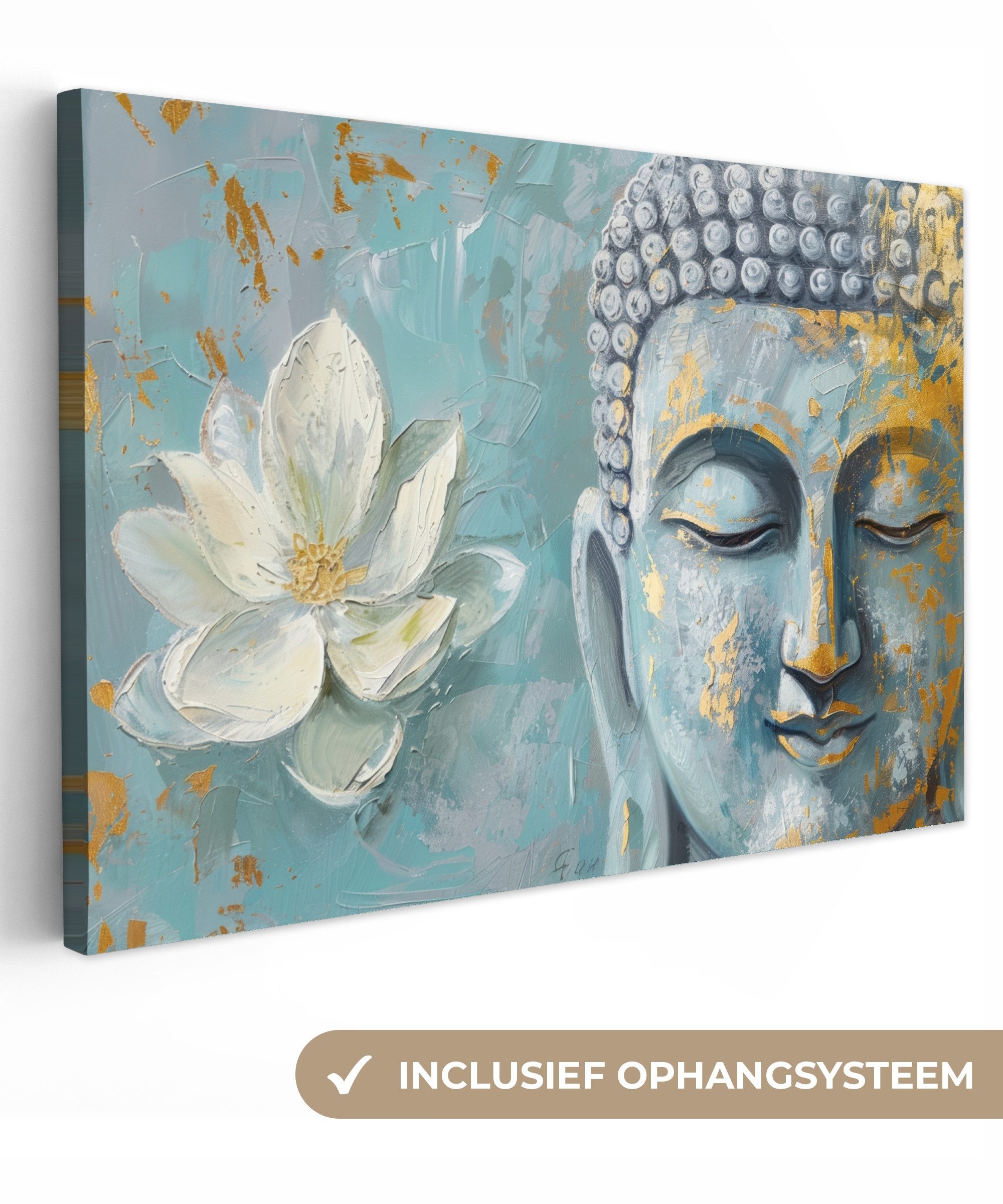 OneMillionCanvasses® Leinwandbild Buddha - Blume - Lotus - Gold - Blau, Fotodruck (1 St), Leinwand Bilder Klein, Wand Dekoration Aesthetic 30x20 cm