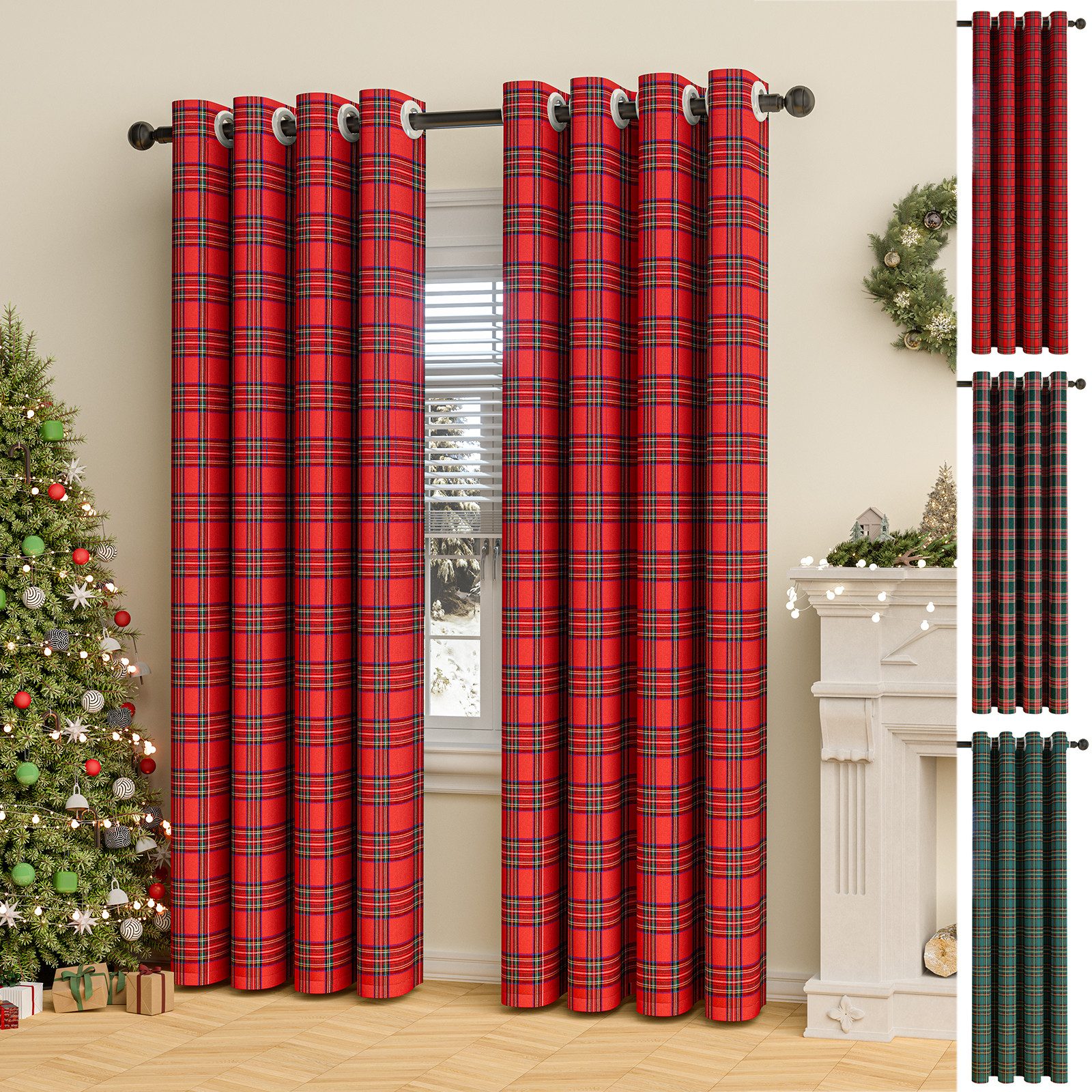 LMaxhome Verdunkelungsvorhang Blickdicht Karierter Weihnachtsvorhang Tartan Ösenvorhang Winter Deko, (1/2 St), 3 Farben, Fenster Gardinen für Schlafzimmer, Wohnzimmer