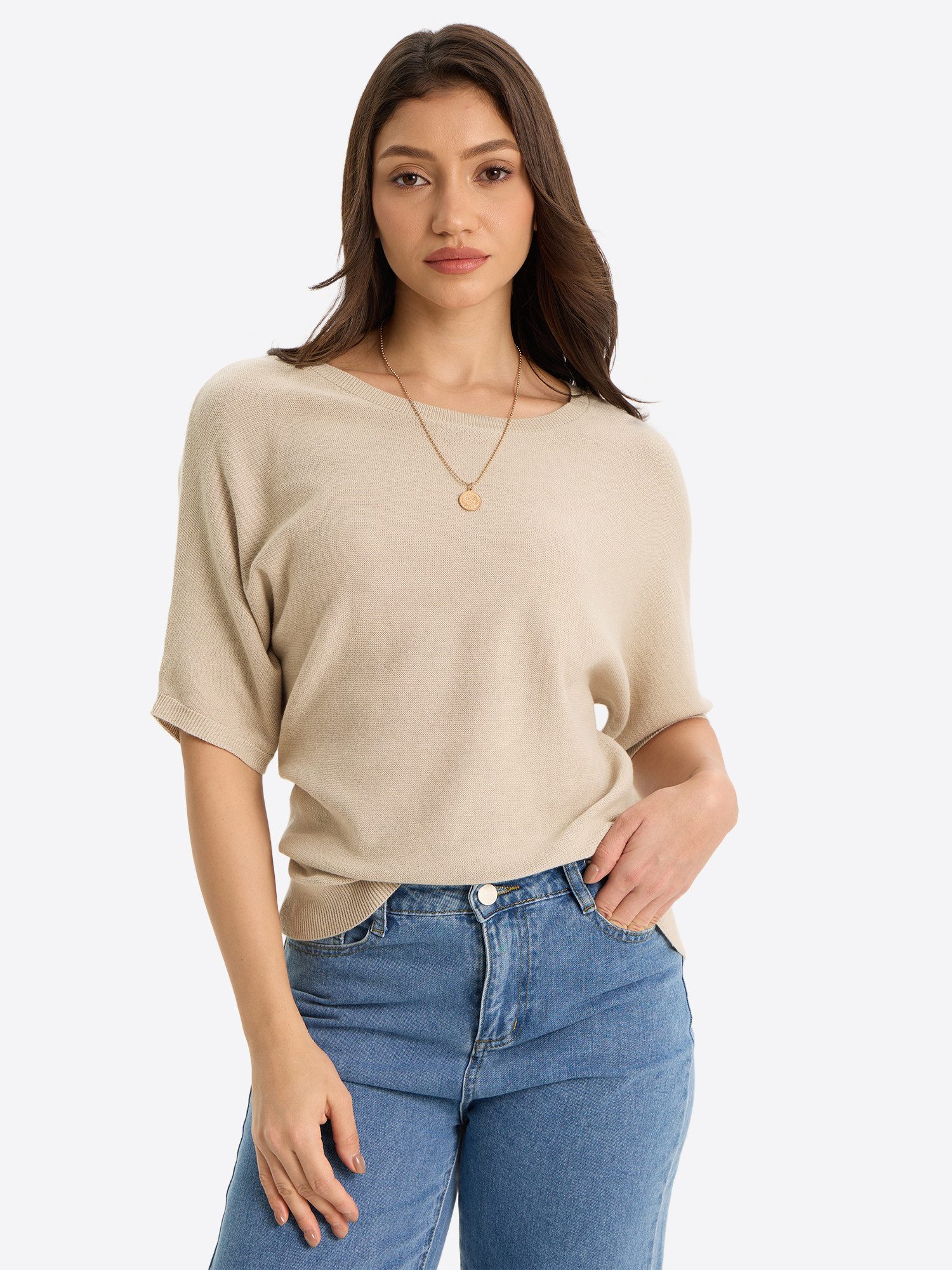 Imily Bela Strickpullover Damen Pullover mit Fledermausärmeln (Packung, 1-tlg., 1per-Pack) Halbarm