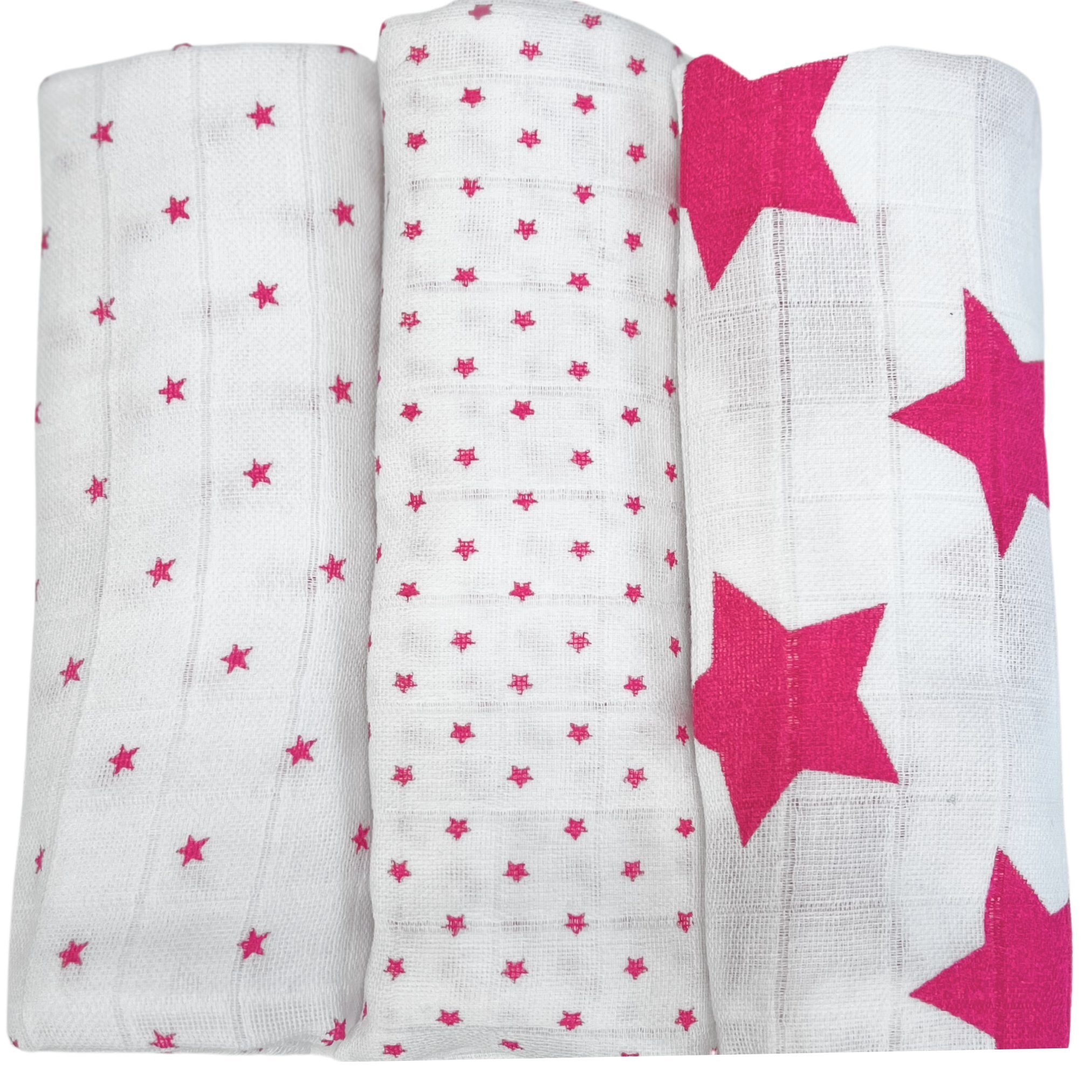 Babymajawelt Stoffwindeln Baby Mullwindeln "Stars" 80x80 cm 3er Pack, Premium Spucktücher (Starter Set, 3-St., Packung), Made in Europe, Sterne, besonders hautfreundlich und atmungsaktiv pink