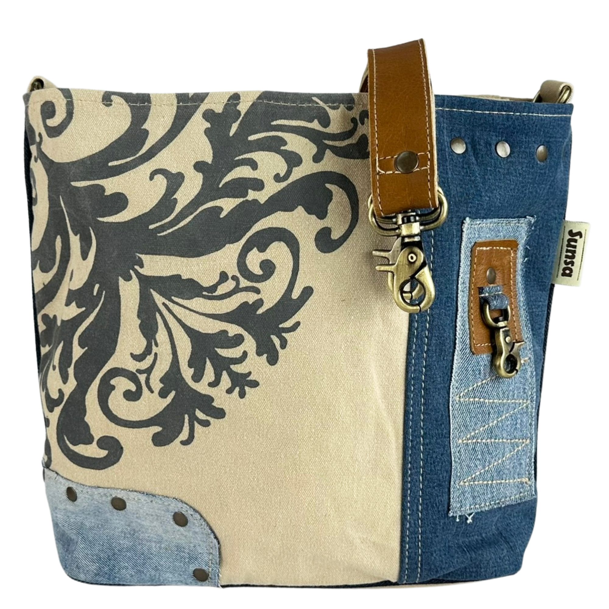 Sunsa Umhängetasche Nachhaltige Jeans Tasche. Damen Handtasche mit Mandala Motiv