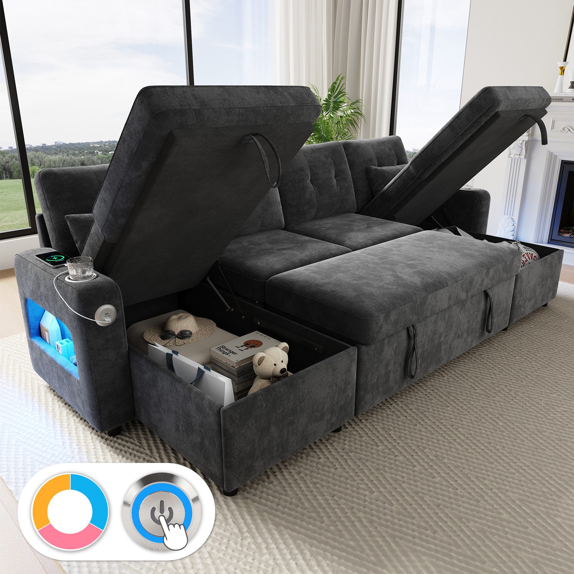 Merax Ecksofa U‑förmiges Sofa mit Schlaffunktion, Ausziehbares U‑Sofa mit LED & USB, Chenille Schlafsofa Chaiselongue Sofabett für 4-5 Personen 1 Teile, Sofa mit Getränkehalter, verstecktem Stauraum & Armlehnen‑Stauraum