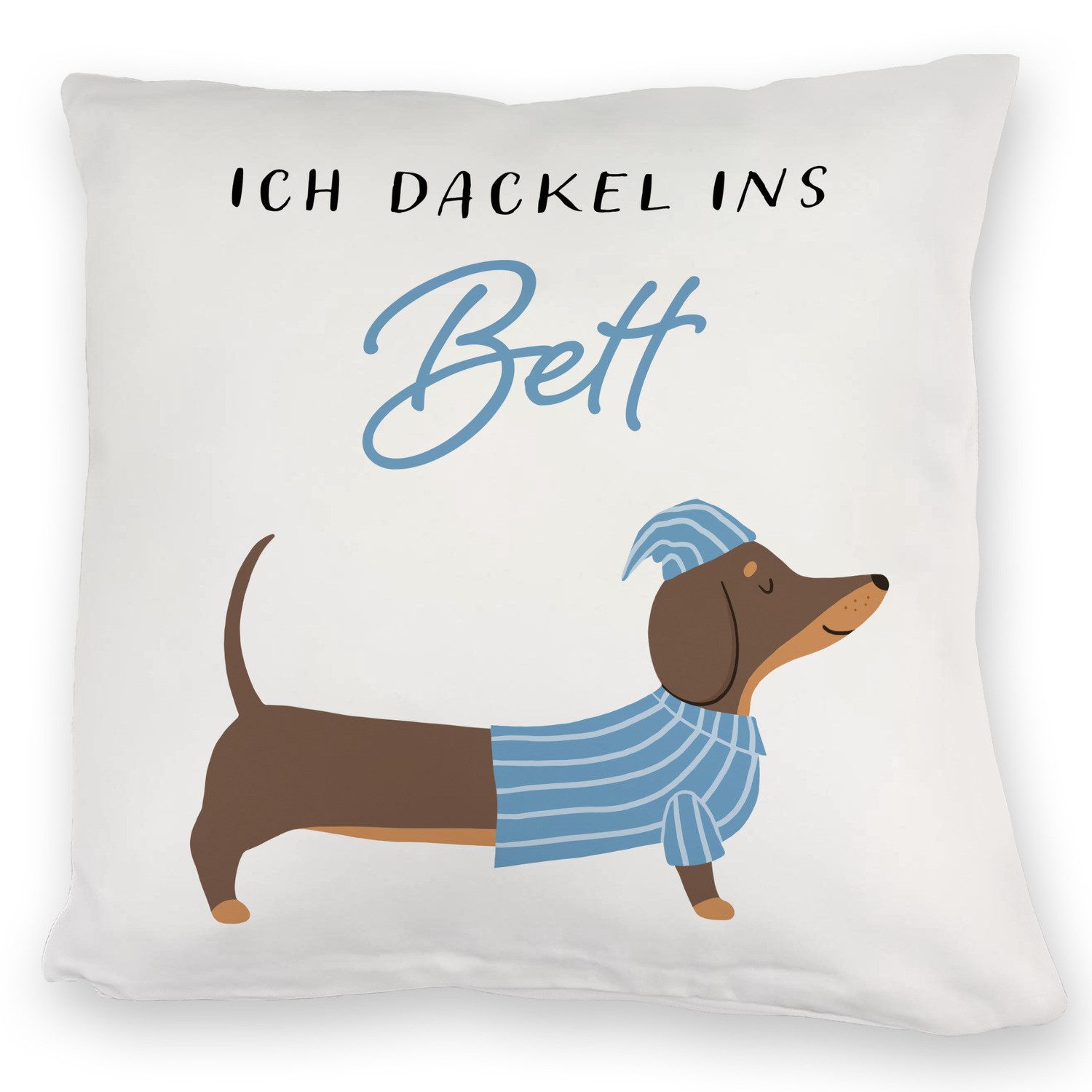 speecheese Dekokissen Dackel mit Pyjama Kuschelkissen mit Spruch Ich dackel ins Bett