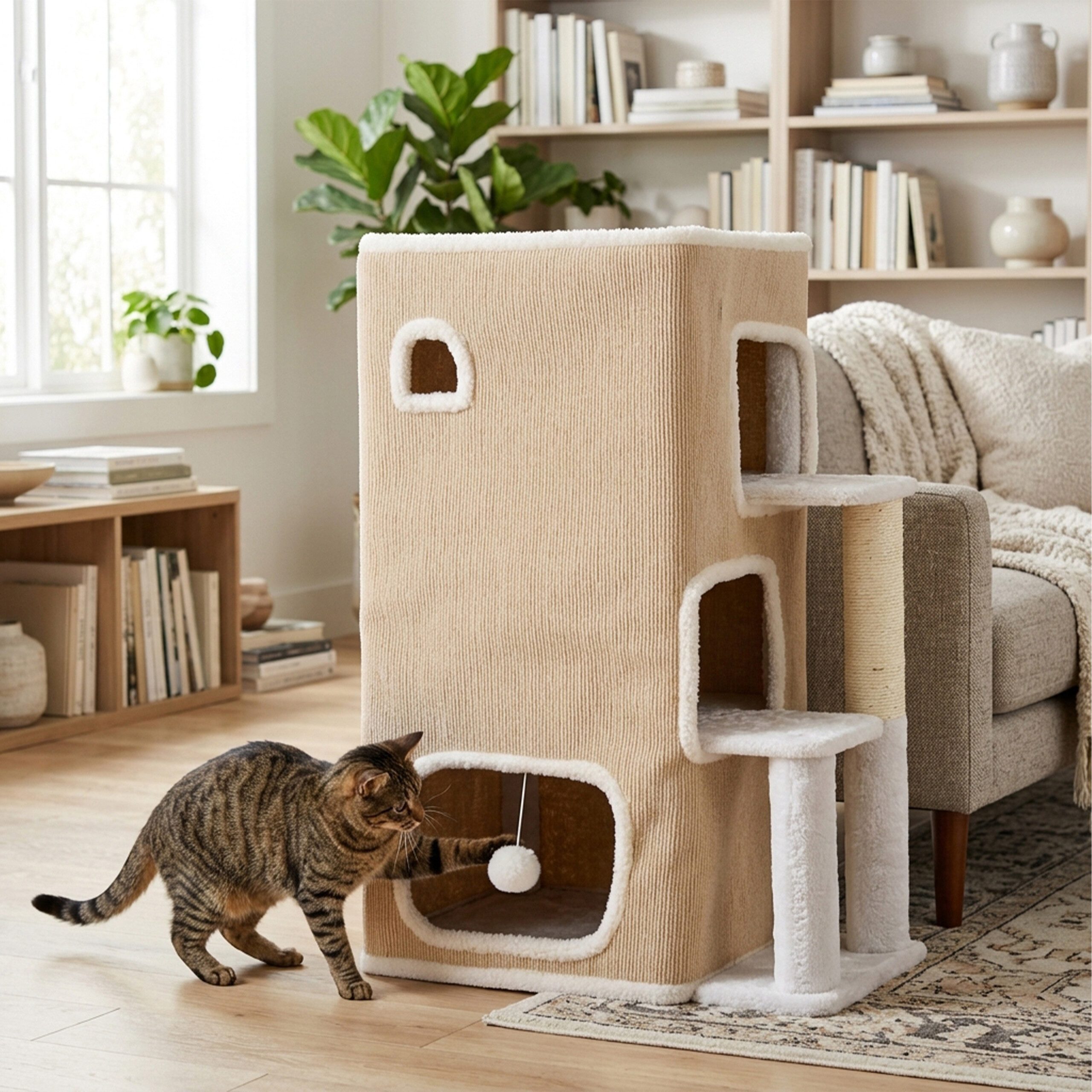 relaxdays Katzenhaus 3 Etagen Ball & Kratzstamm, Beige