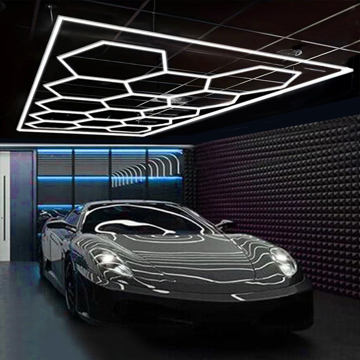 oyajia Deckenleuchte 14 Packs Hexagon mit Rand, LED Deckenleuchte Garage Light 720W 86400lm, LED fest integriert, Kaltweiß, LED Deckenleuchte für Garage, Studio, Parkplatz, Auto-Detailing-Shop