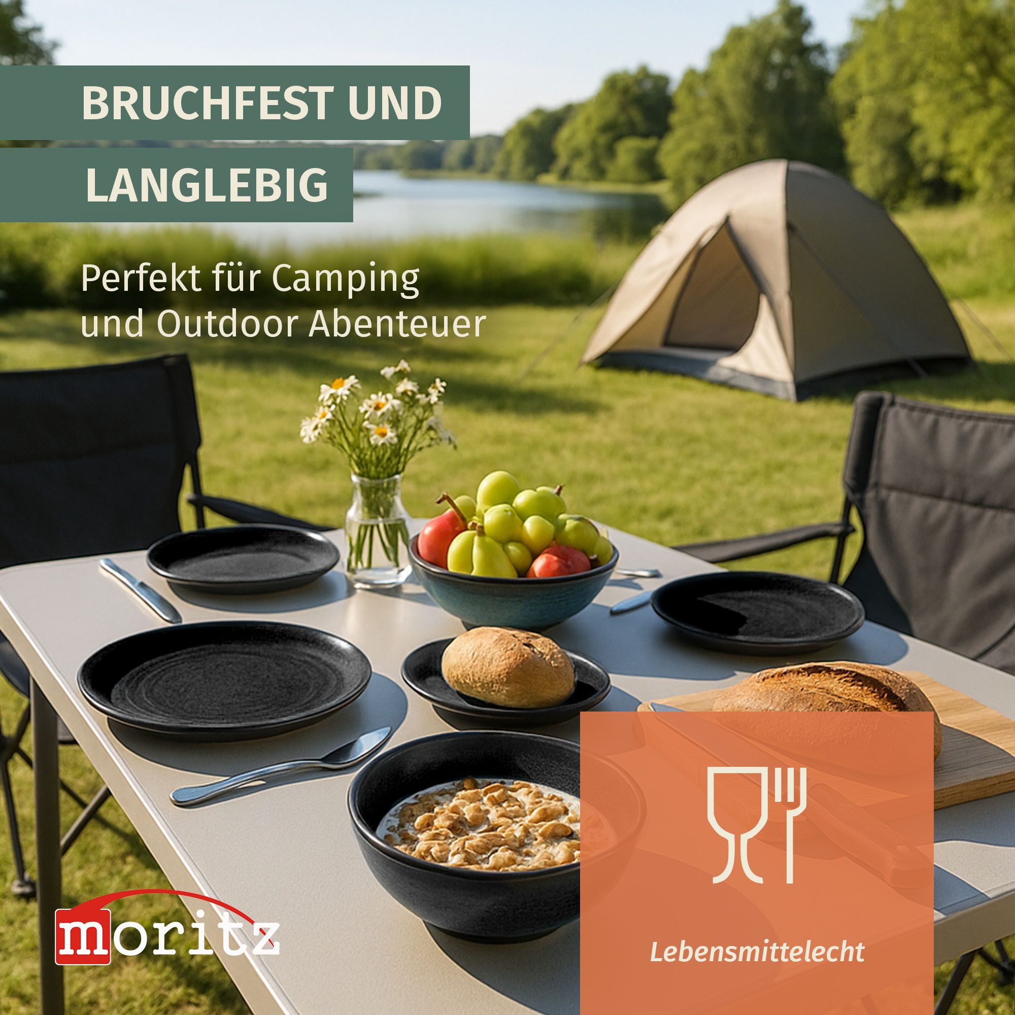 Moritz Geschirr-Set Camping Geschirr Stone Black 12-teilig
