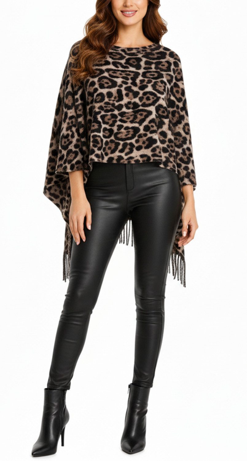 dy_mode Strickponcho Damen Feinstrick Poncho mit Fransen im Leo-Print Cape/ günstig online kaufen