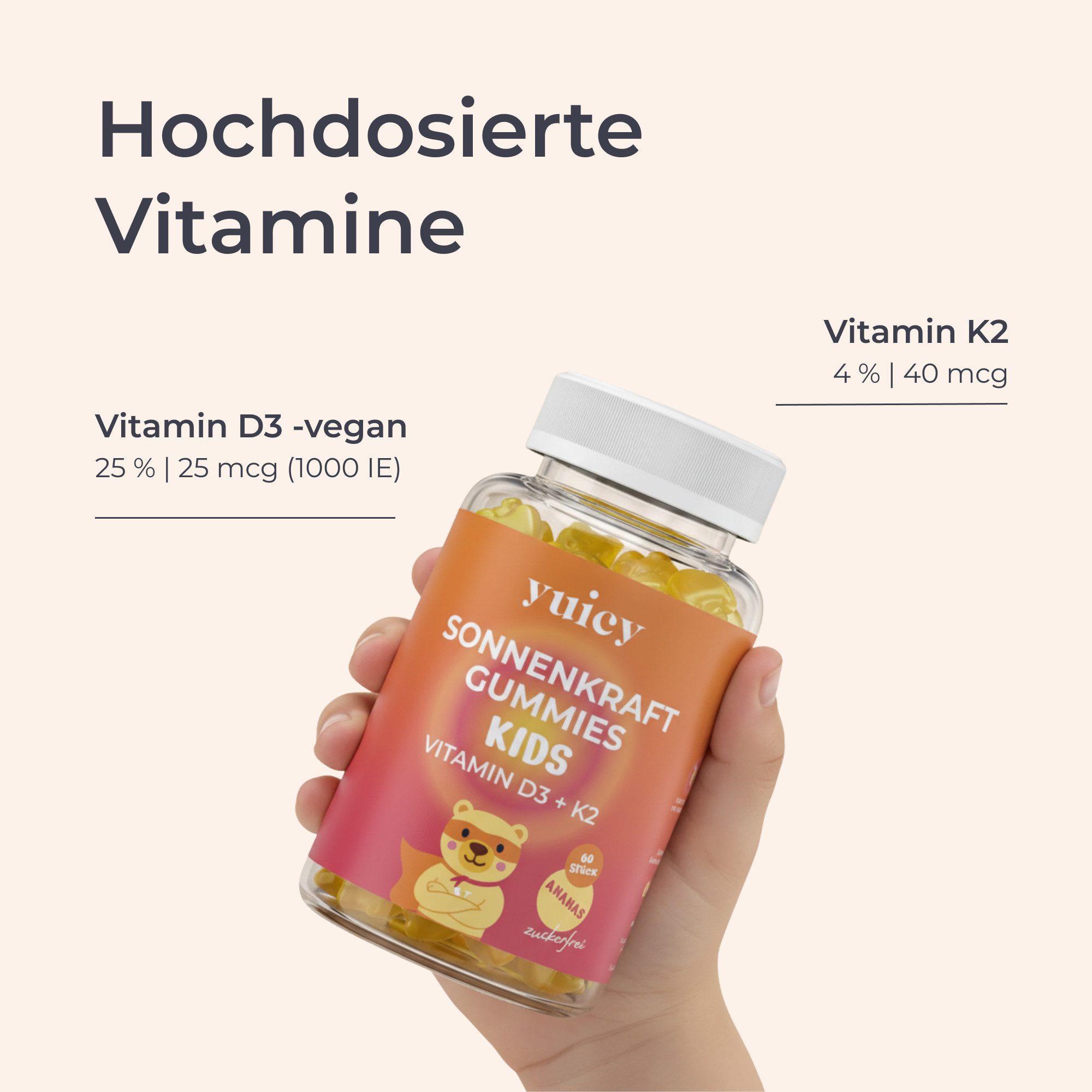 yuicy Kids Sonnenkraft – Vitamin D3 + K2 Gummibärchen für Kinder Gummies, 60 St., 150 g