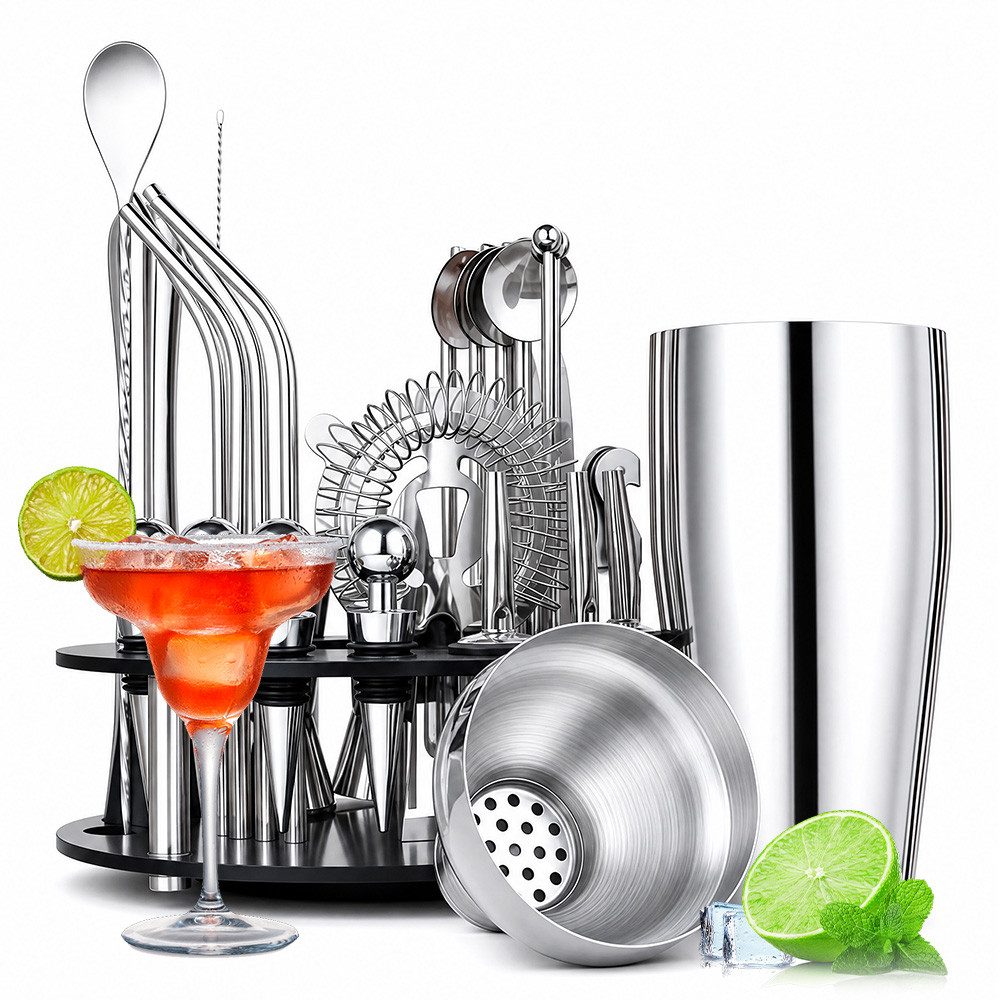 PFCTART Cocktail-Set Cocktail Shaker Set, 30-teilig mit Ständer, 750 ml, Silber, (Set, 30-tlg., Cocktail Set für Hausbar & Party, inkl. 4 Whiskey-Flaschenverschlüsse), Barkeeper Set, Cocktail Zubehör: auslaufsicher & spülmaschinenfest