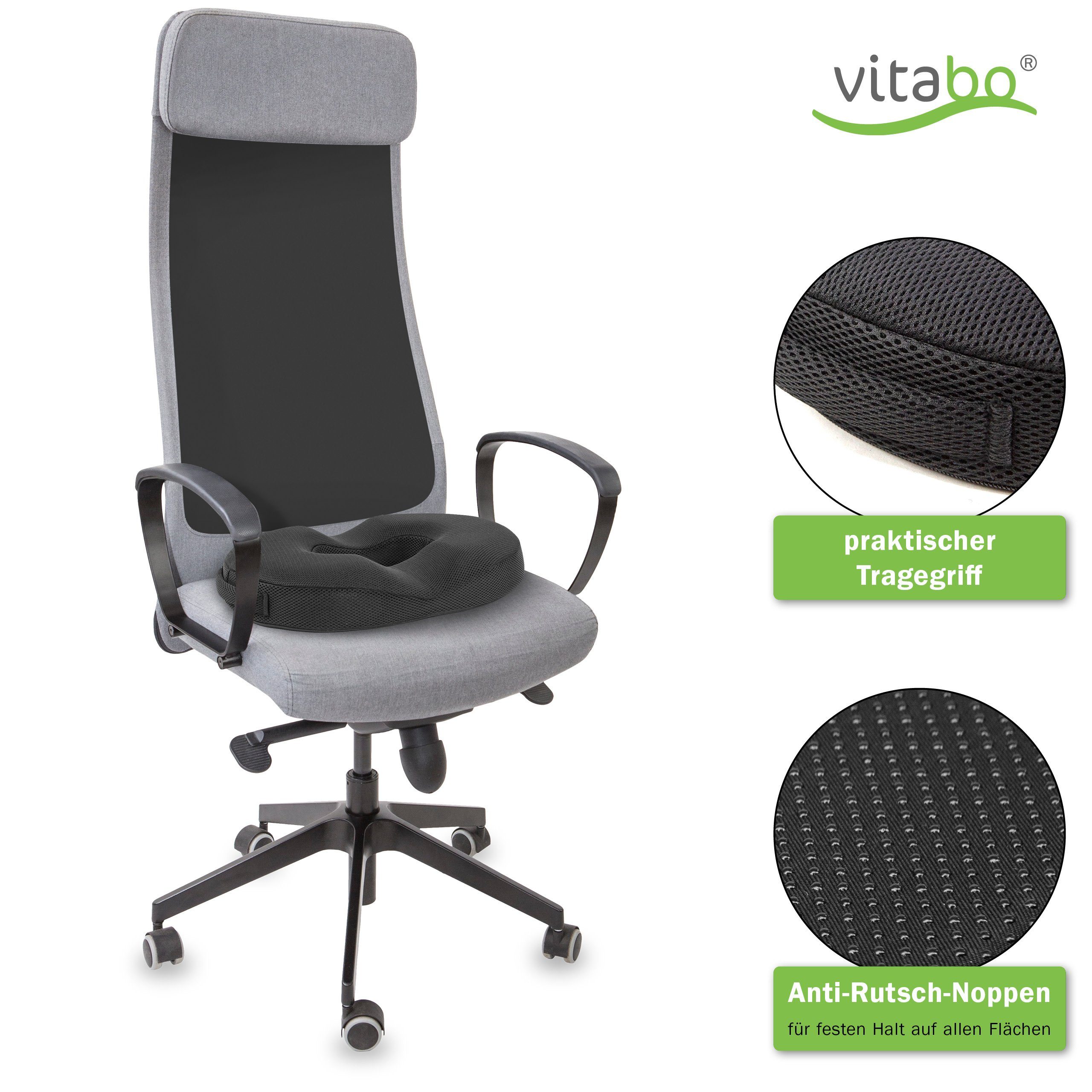 Vitabo Steißbeinkissen Ergonomischer Sitzring I Gel-Schicht I Memory-Schaum (Schwarz), kühlende Gel-Auflage mit Anti-Rutsch-Noppen an der Unterseite