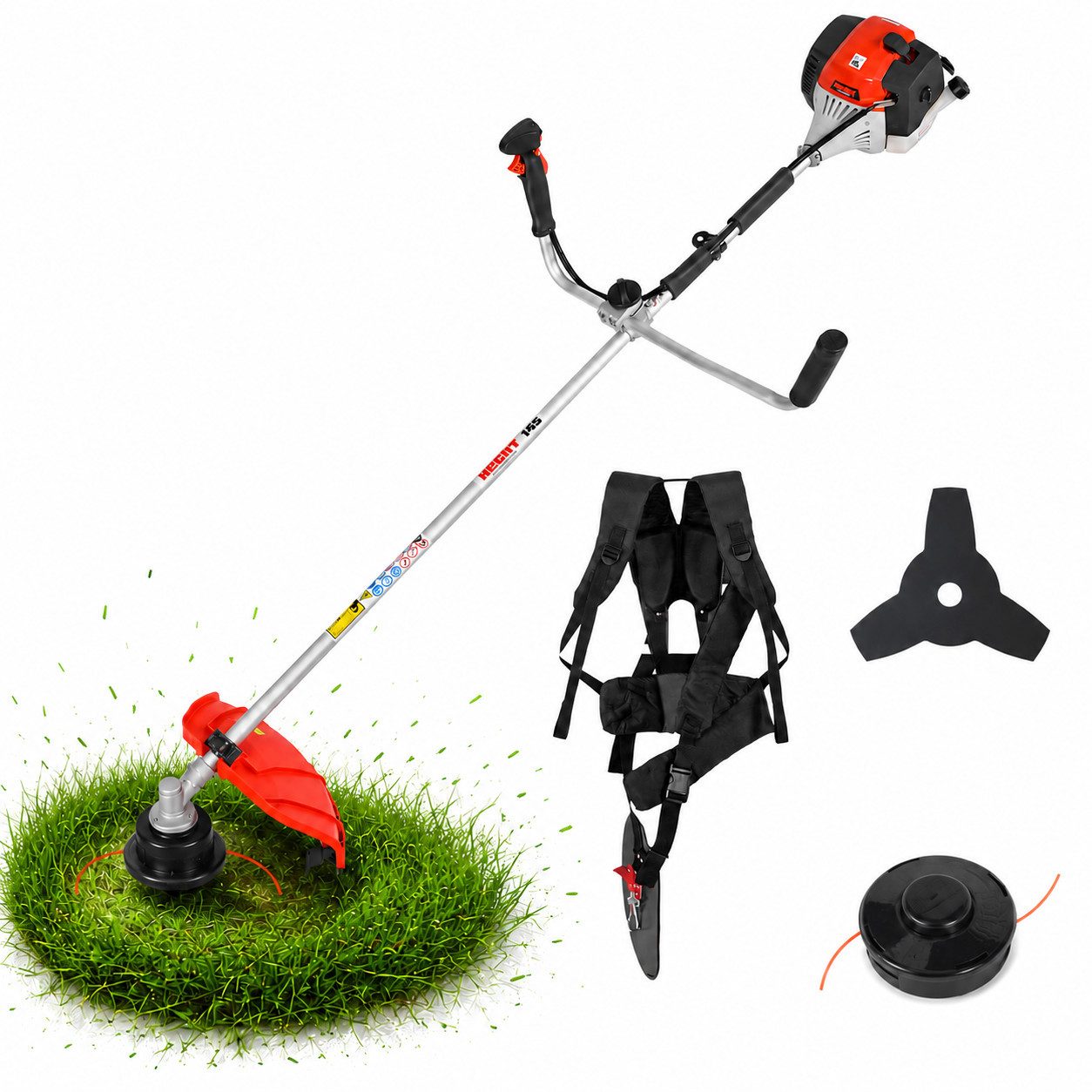 Hecht Benzin-Freischneider Motorsense mit Tragegurt 1,47 kW / 2 PS, 43 cm³, 25,5 cm Arbeitsbreite Messer, 43 cm Arbeitsbreite Faden, 2,4 mm Fadenstärke, Auftipp-Automatik