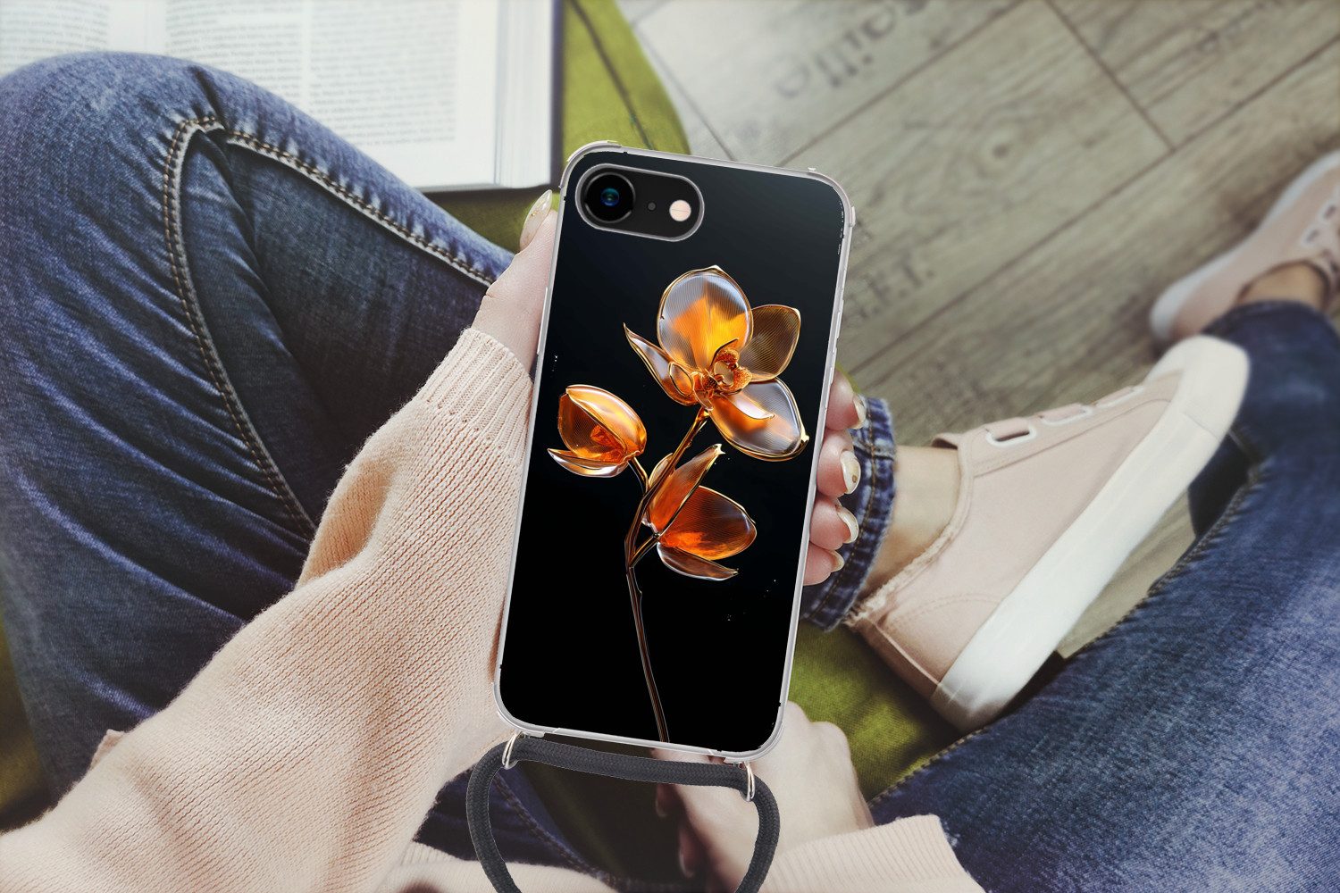 MuchoWow Handyhülle für Apple iPhone 7 Blume - Orchidee - Orange, Tragbare Handyhüllen mit Kette zum umhängen, Handykette Handyband