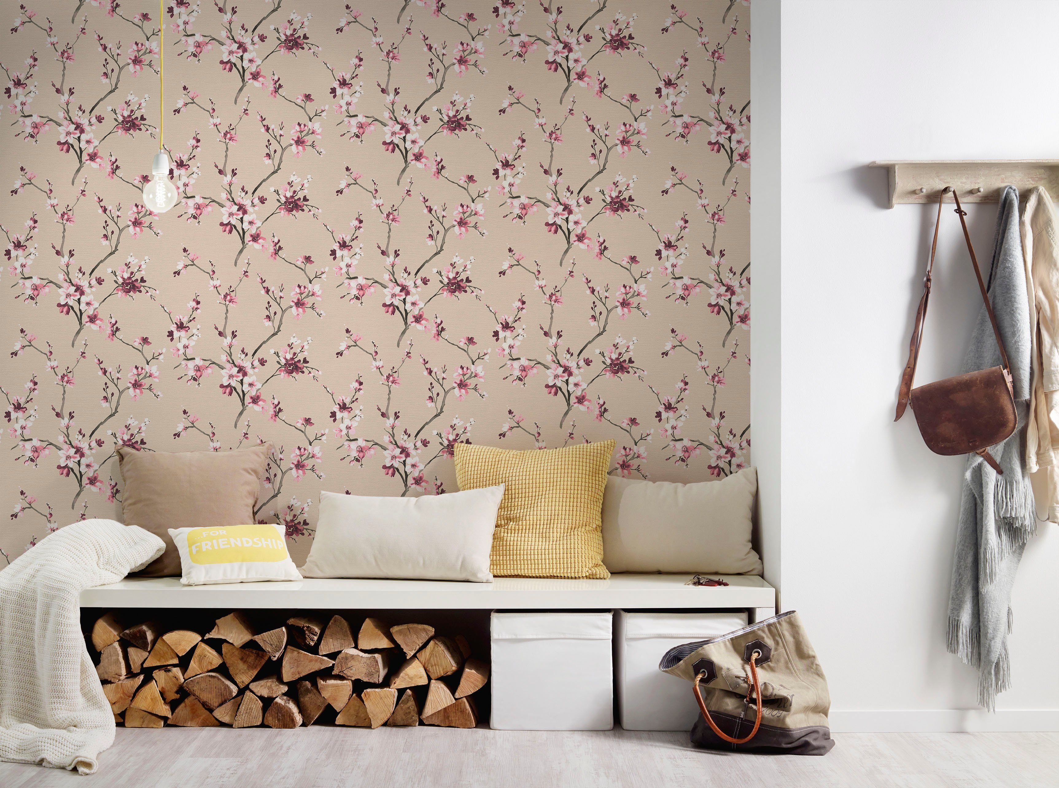 Lodge, Vliestapete floral, Tapete geblümt, living Blumenoptik Desert walls rosa/beige strukturiert, natürlich,