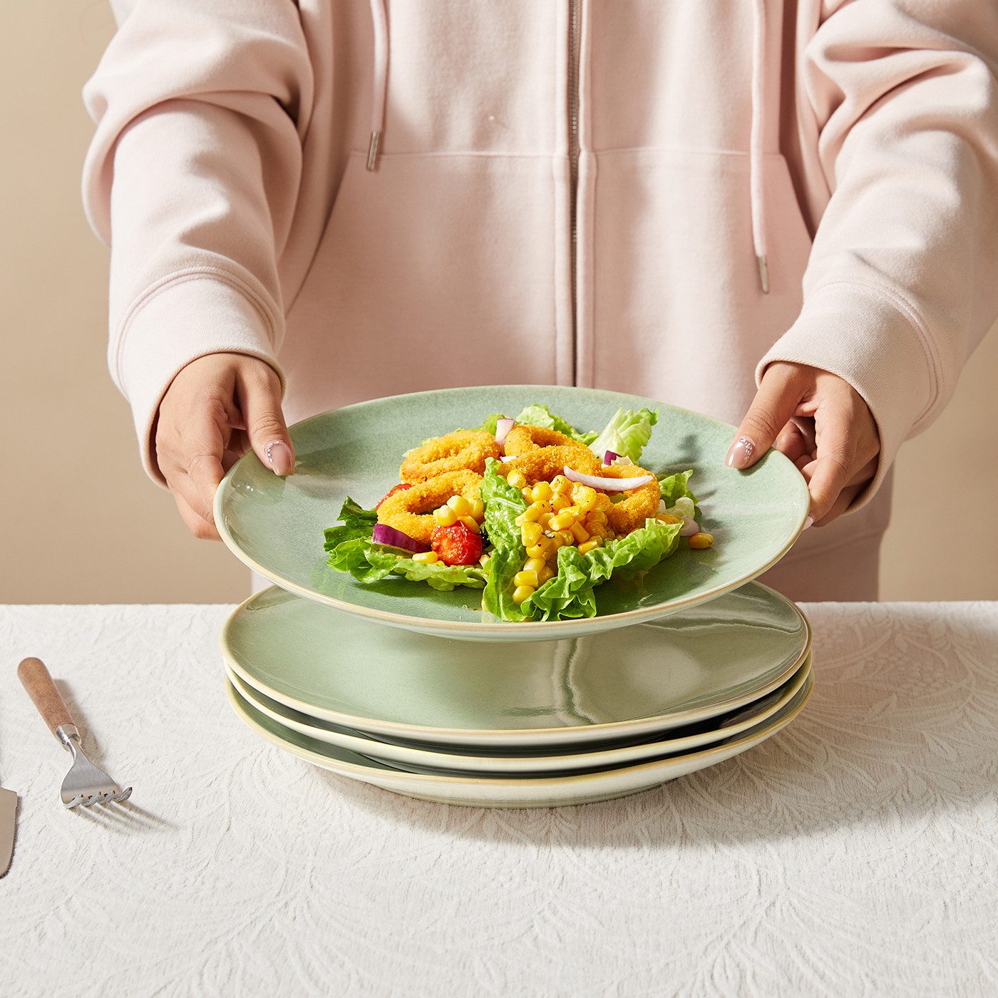 JIWOO Teller 4er Ø27,7cm, Speiseteller Steakteller Pastateller Dessertteller, (4 St), Keramik Hochwertiges Tellerset Grün Mikrowellenofen Spülmaschine