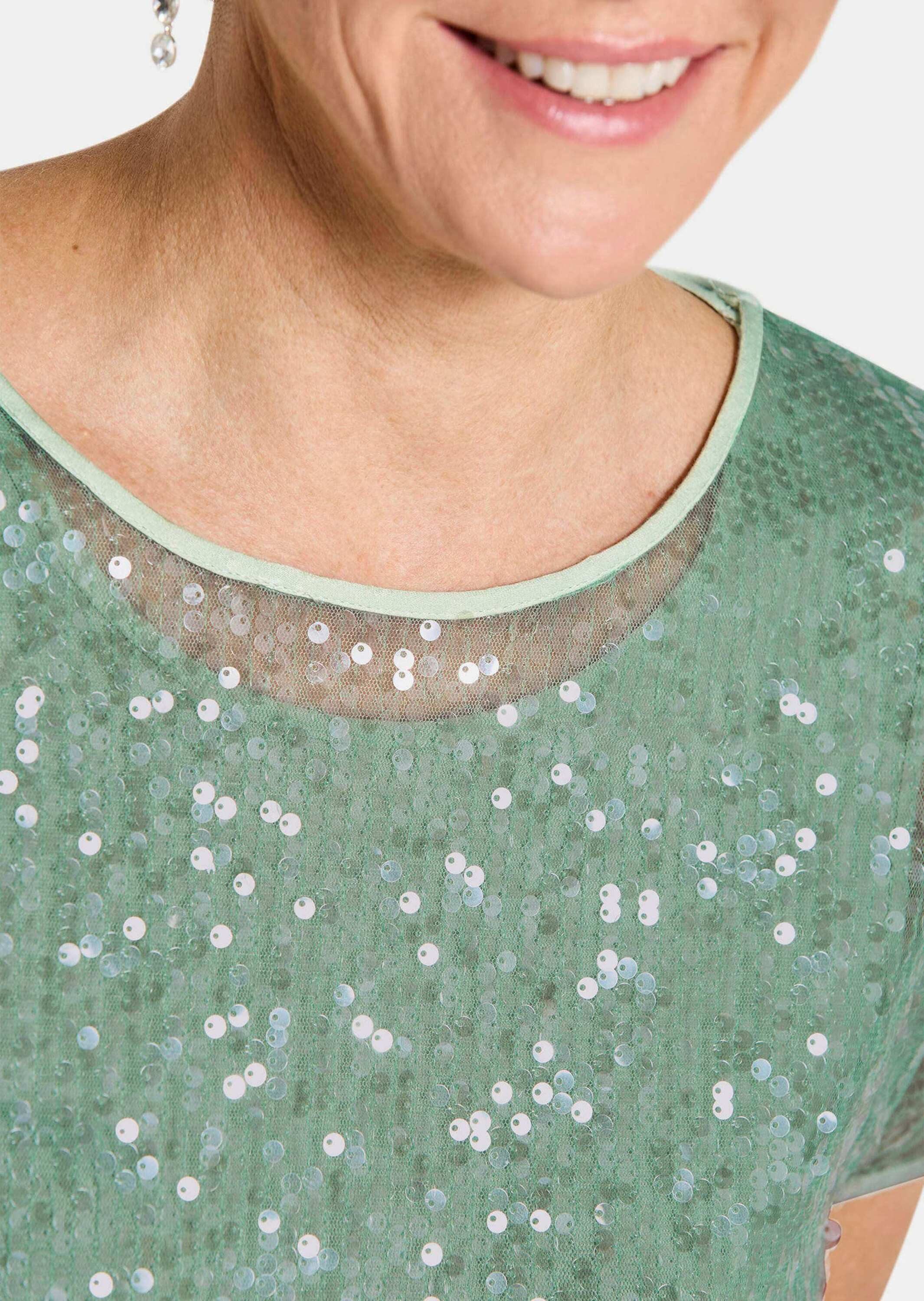 GOLDNER Klassische Bluse Schlupfbluse in schimmerndem Design Schlupfbluse mit U-Boot-Ausschnitt, Satinbändern und Kurzarm – Bild 5 von 5