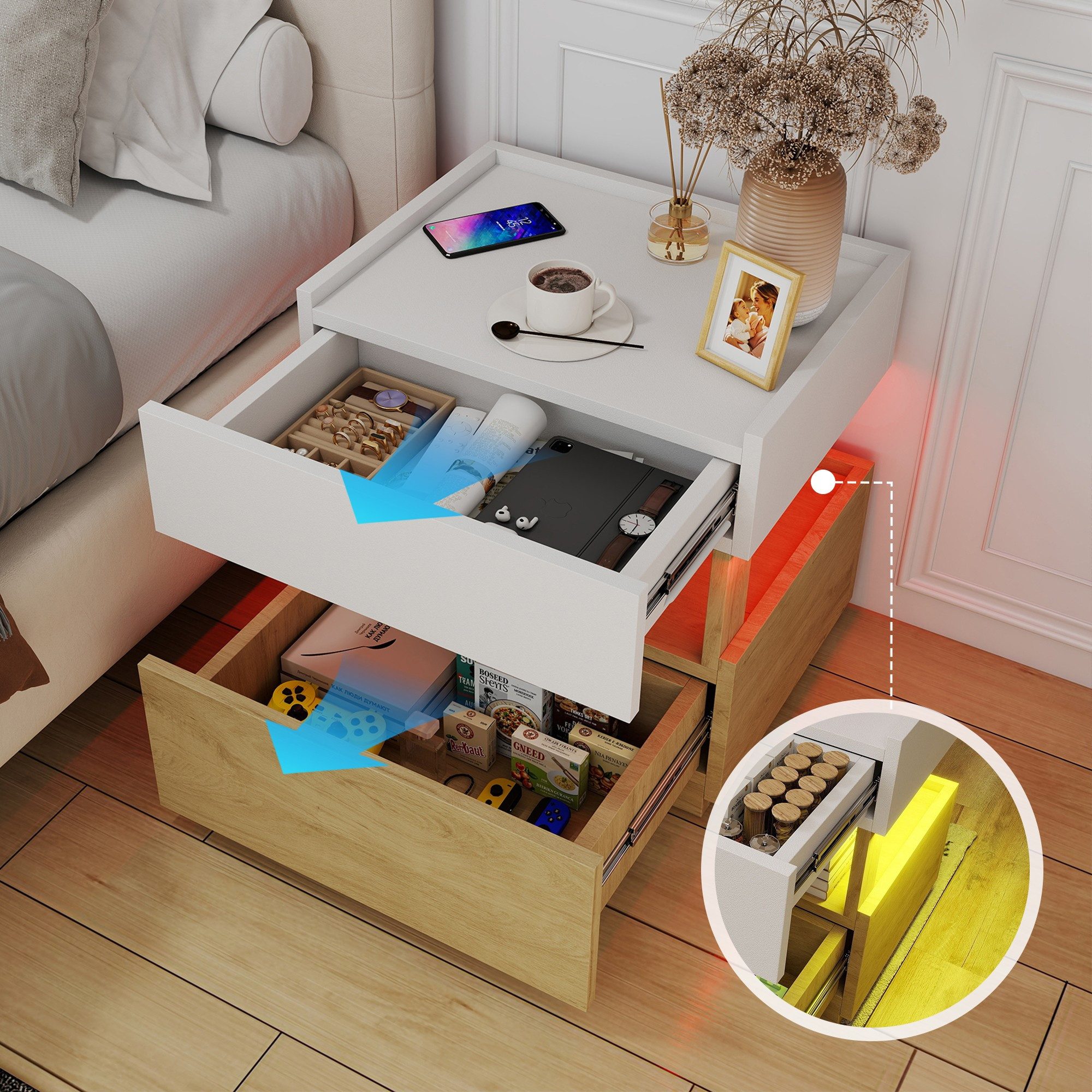 BlingBin Nachttisch Intelligenter Nachttisch mit Qi-Ladefunktion, USB, LED-Stimmungslicht (1er Set, 1-St., 50x40x50 cm), 2 Schubladen, moderner Beistelltisch fürs Schlafzimmer