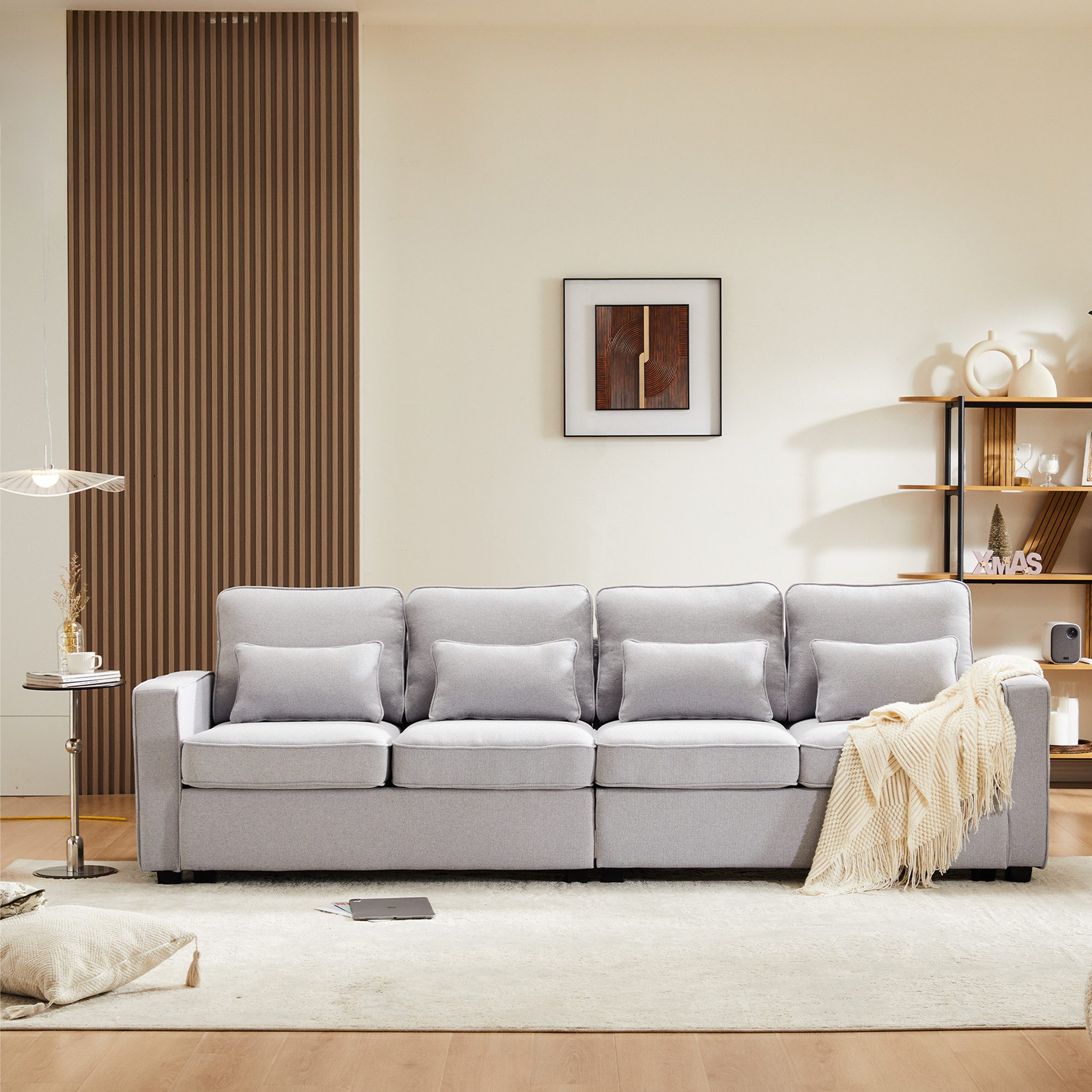 Merax 4-Sitzer mit Seitentaschen und Zierkissen, XXL-Sofa mit Leinenbezug,Chaiselounge,Polstermöbel