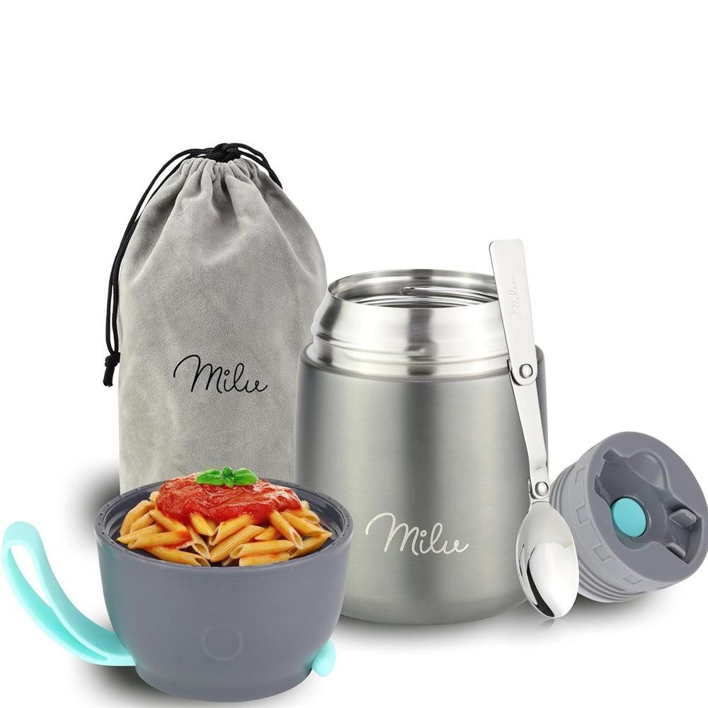 Milu Thermobehälter Edelstahl Thermobehälter Lunchbox 450 ml, Warmhaltebehälter mit Löffel, Thermobecher, auslaufsicher