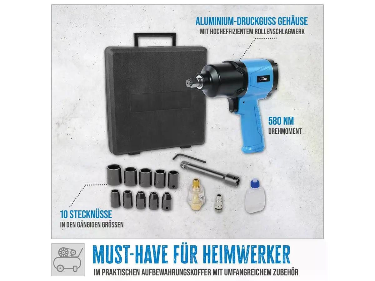 Güde Druckluft-Schlagschrauber Satz 1/2 15tlg., 8000 U/min, 310 Nm, (Set, 16-tlg), 6 bar max. Arbeitsdruck, 1/2" Werkzeugaufnahme