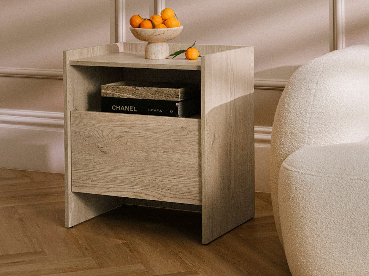 Beautysofa Nachttisch JUNI mit Schublade (Offene Ablagefläche, im Japandi-Stil)